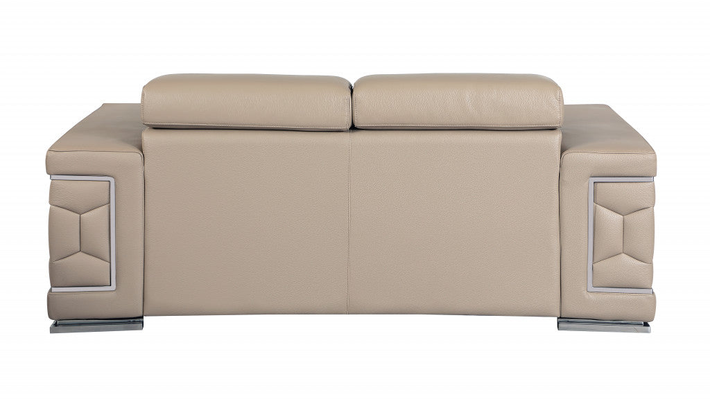 71" Beige And Silver Genuine Leather Love Seat-Love Seats-DECOROLALA