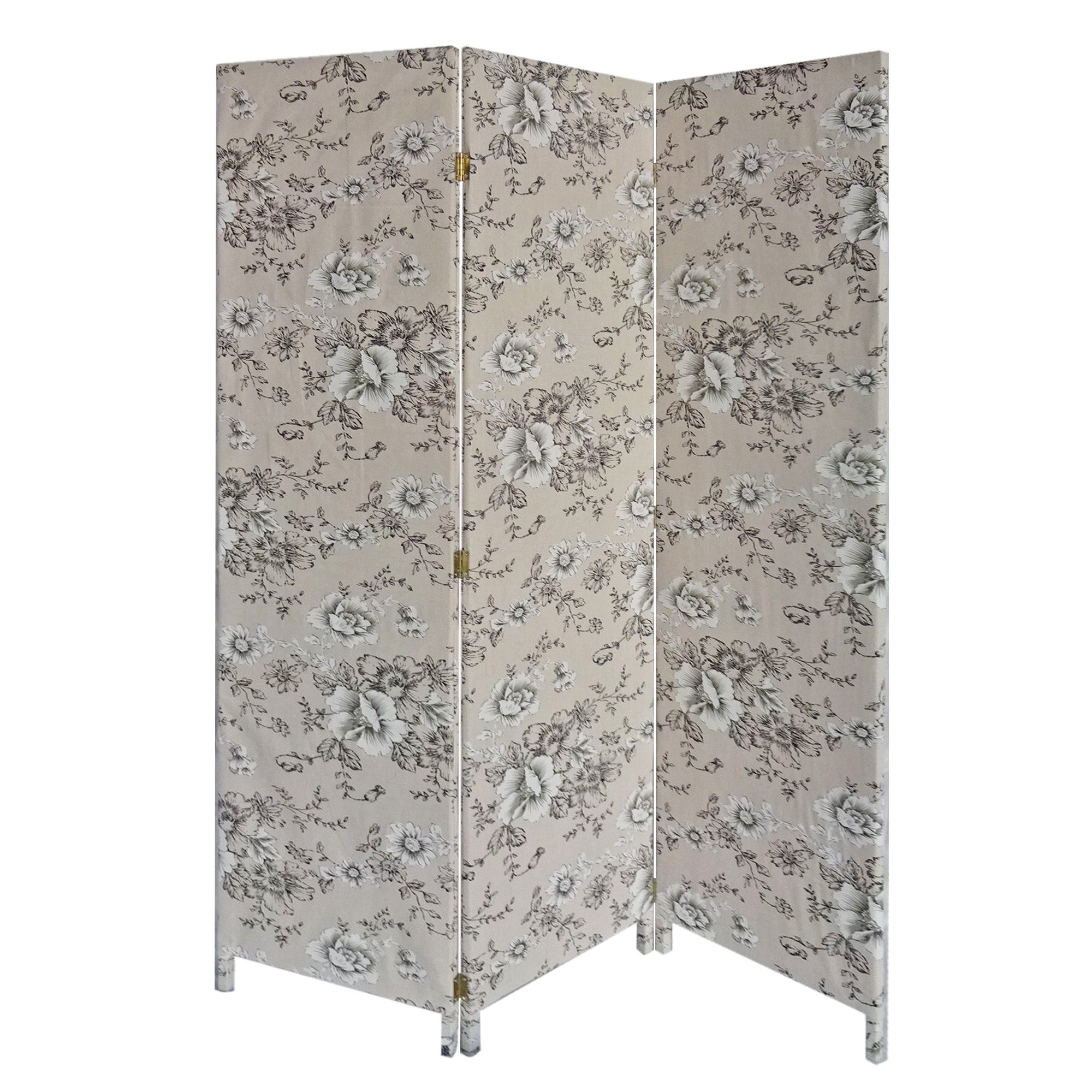 71" Beige and Black Fabric Folding Three Panel Screen Room Divider-Room Dividers-DECOROLALA