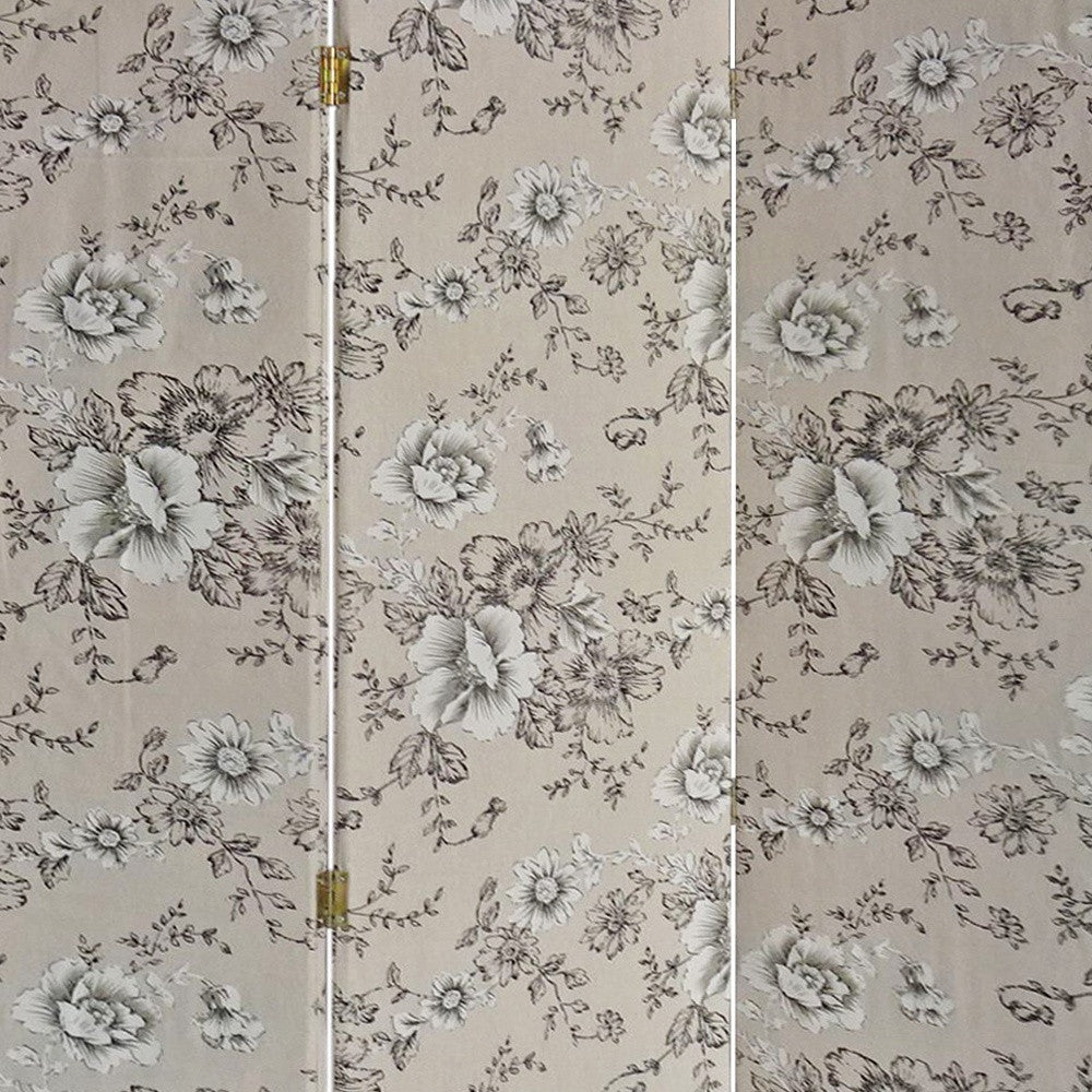 71" Beige and Black Fabric Folding Three Panel Screen Room Divider-Room Dividers-DECOROLALA
