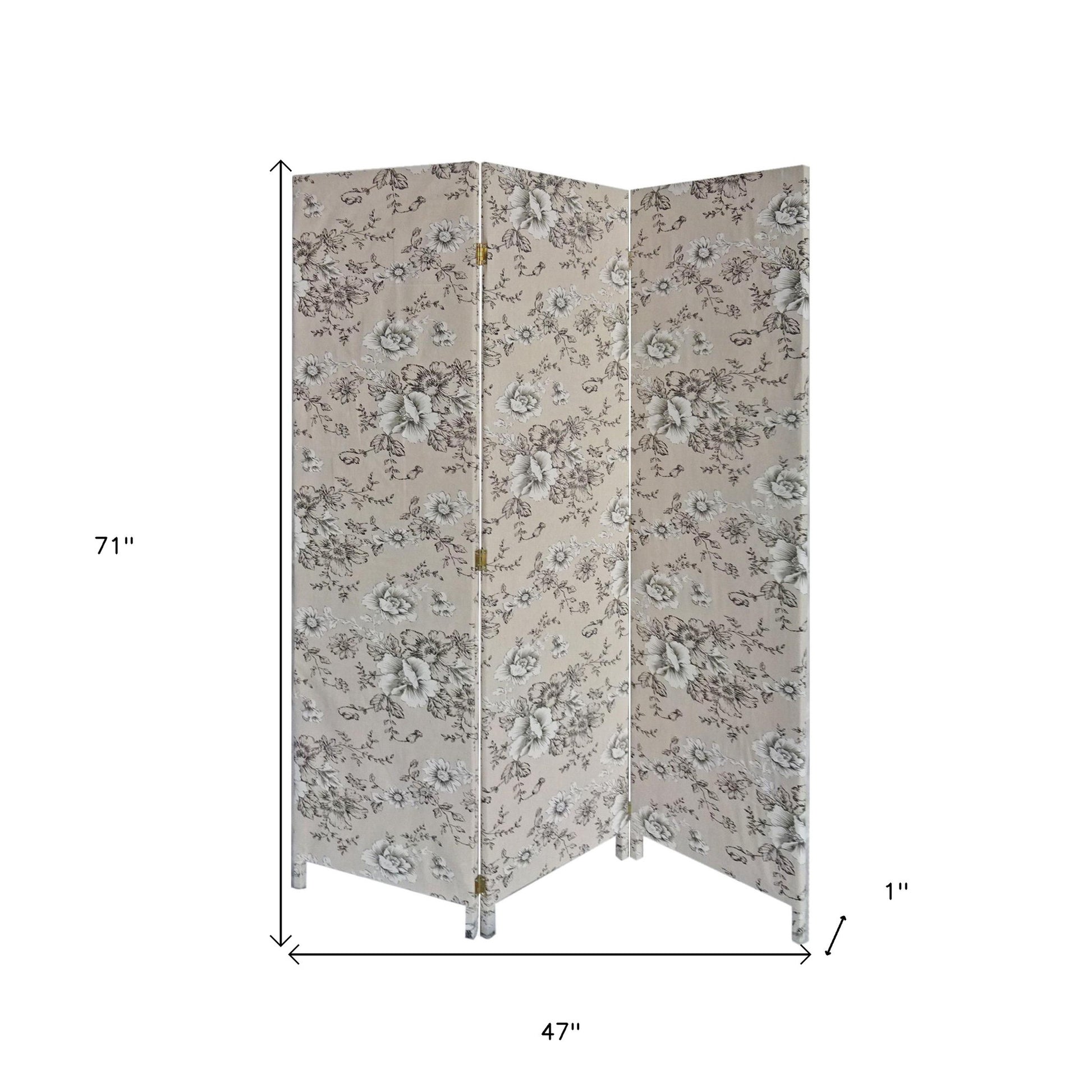 71" Beige and Black Fabric Folding Three Panel Screen Room Divider-Room Dividers-DECOROLALA