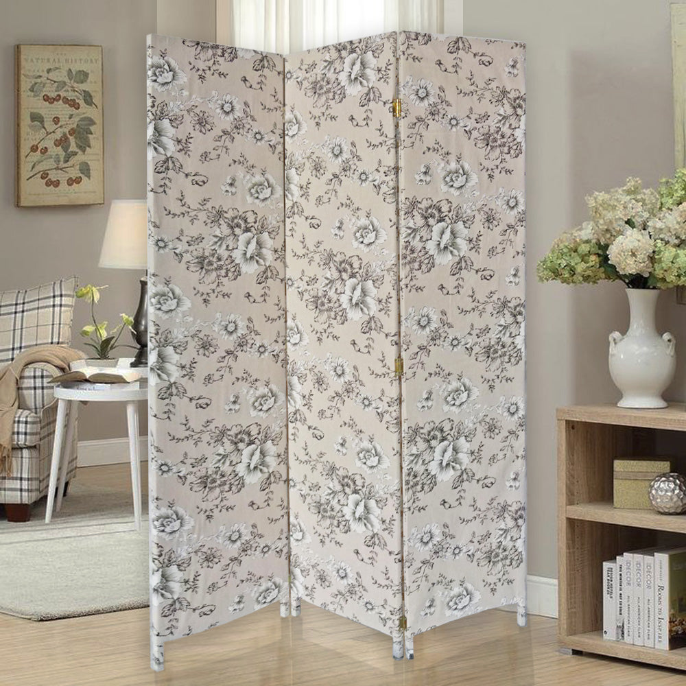 71" Beige and Black Fabric Folding Three Panel Screen Room Divider-Room Dividers-DECOROLALA
