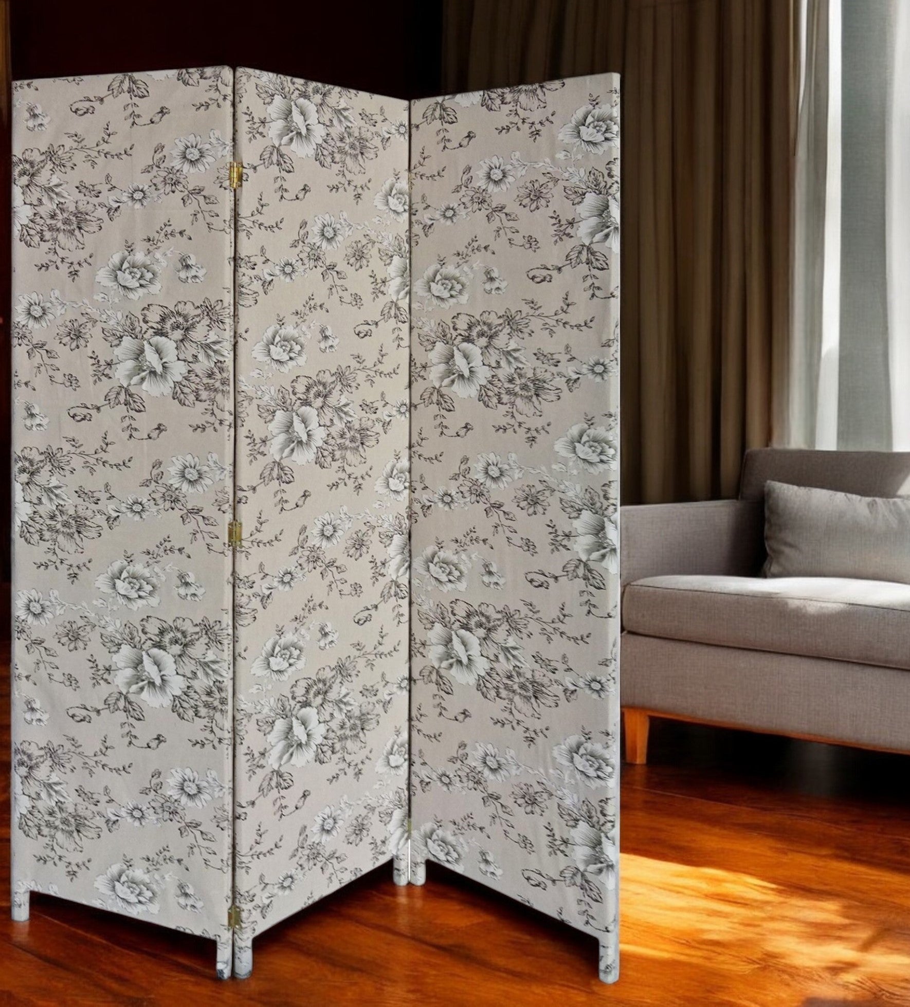 71" Beige and Black Fabric Folding Three Panel Screen Room Divider-Room Dividers-DECOROLALA