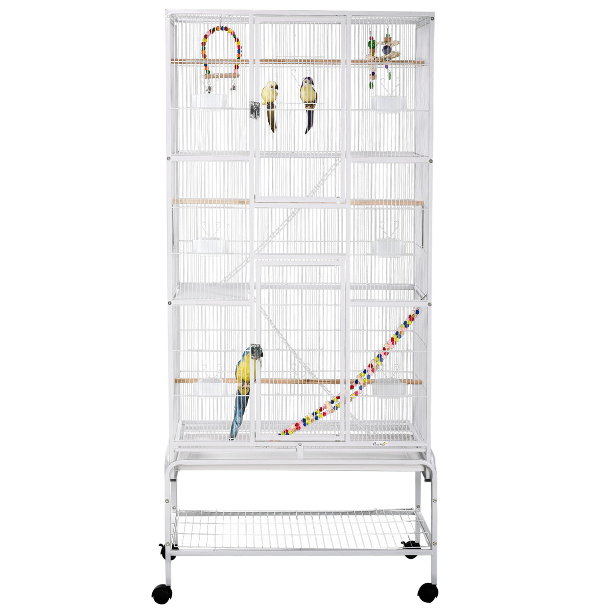 71" Bird Cage with Wheels, Perches, Ramp and Toys - White-Bird Supplies-DECOROLALA