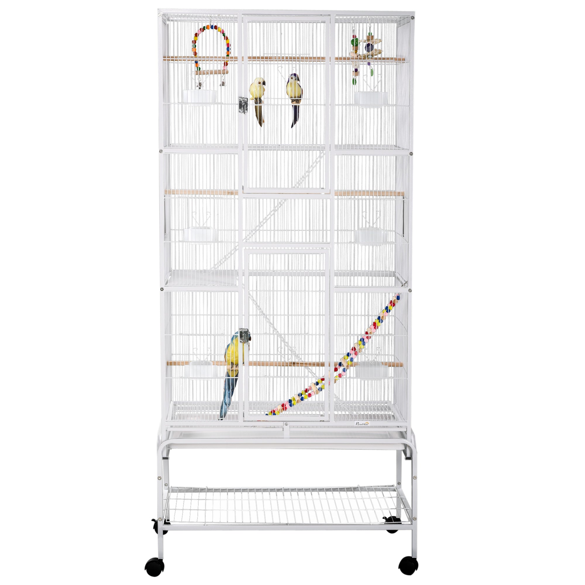 71" Bird Cage with Wheels, Perches, Ramp and Toys - White-Birds-DECOROLALA