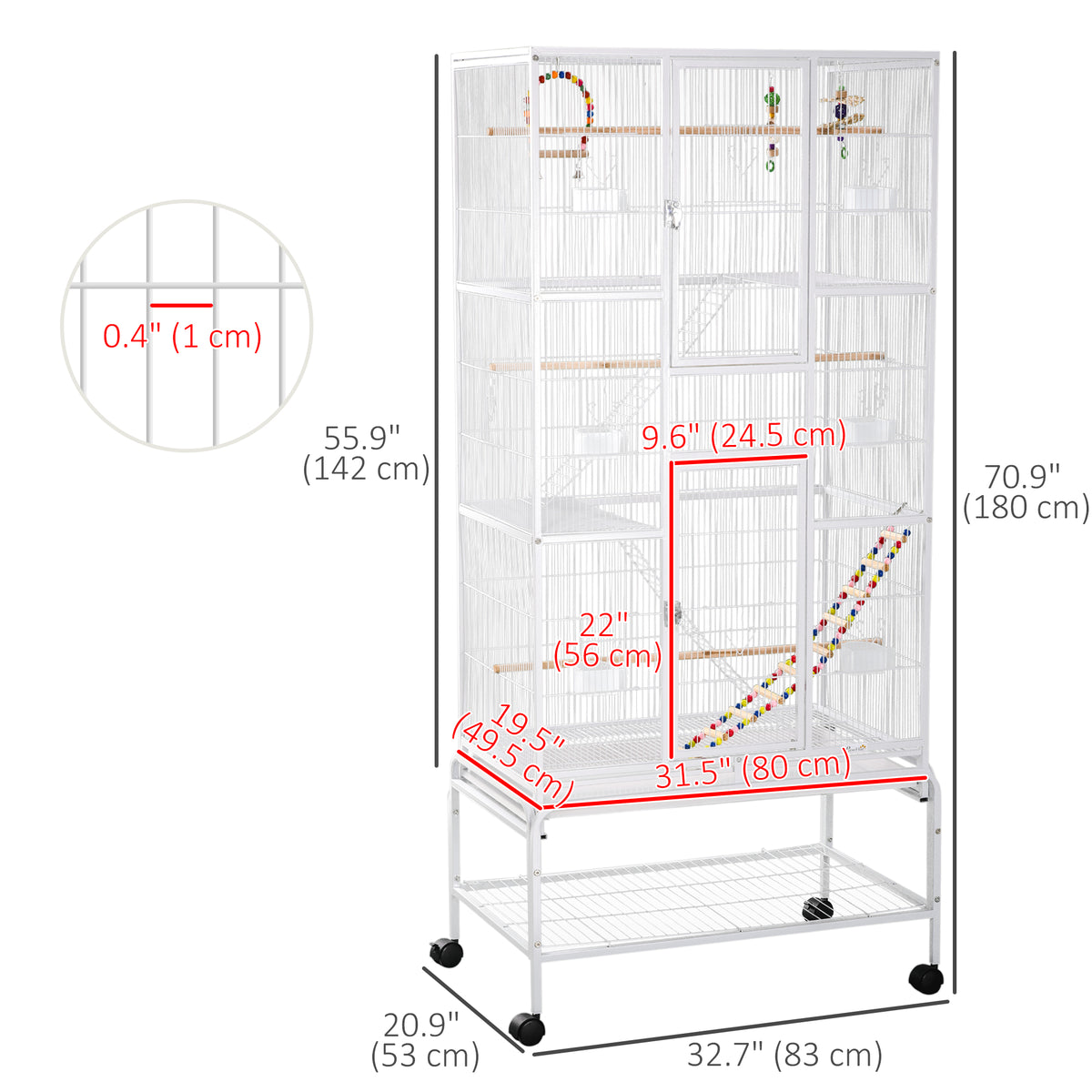 71" Bird Cage with Wheels, Perches, Ramp and Toys - White-Birds-DECOROLALA