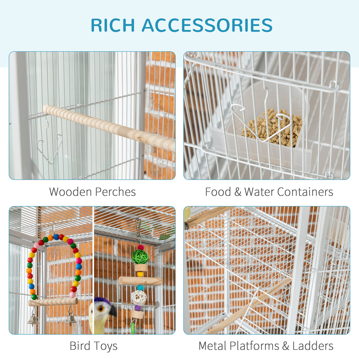 71" Bird Cage with Wheels, Perches, Ramp and Toys - White-Birds-DECOROLALA