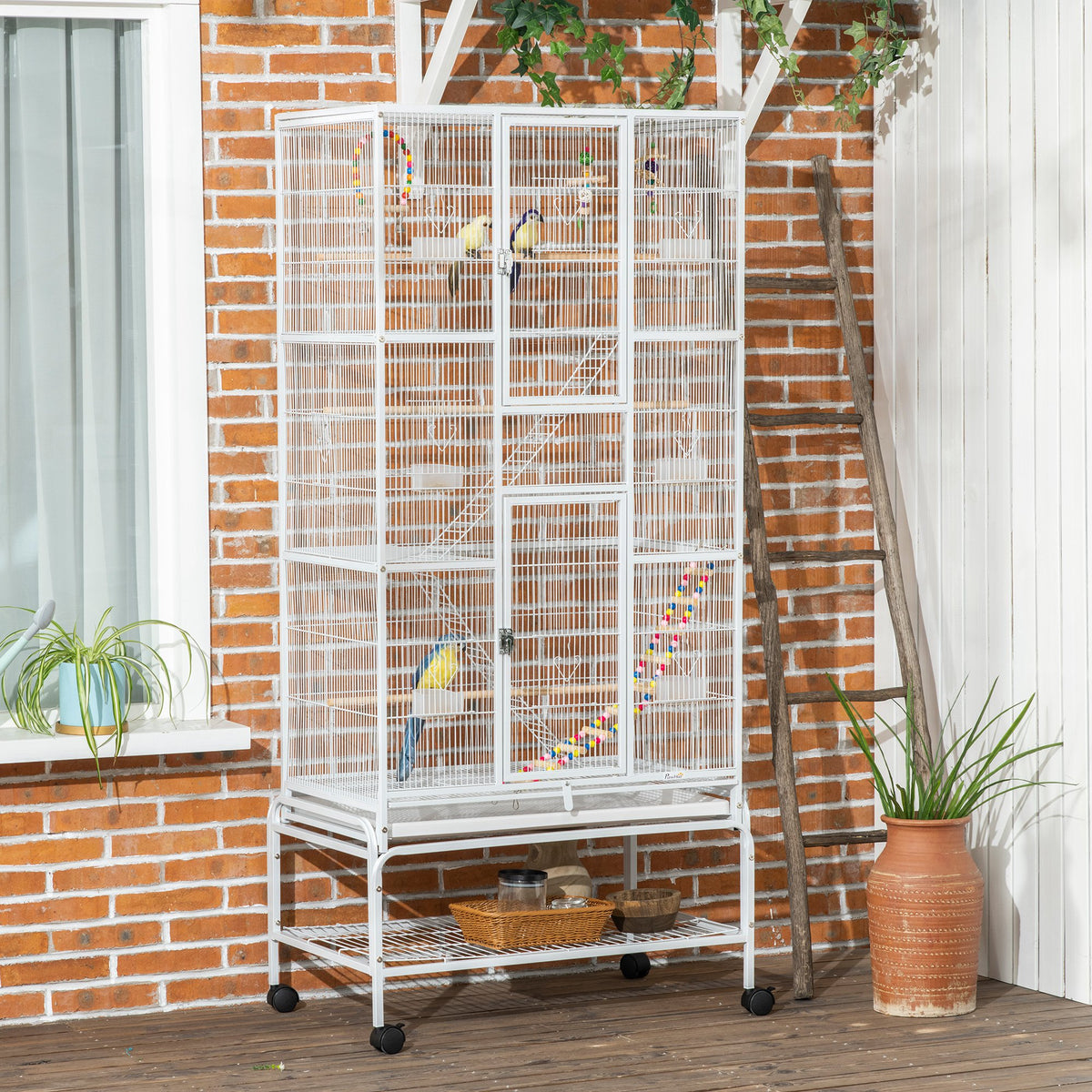 71" Bird Cage with Wheels, Perches, Ramp and Toys - White-Birds-DECOROLALA