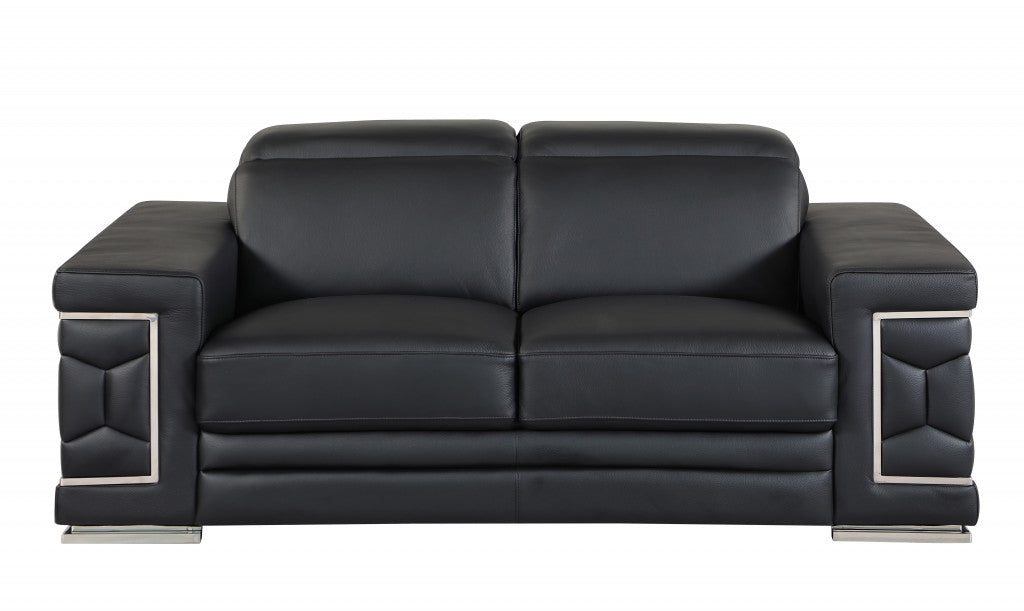 71" Black And Silver Genuine Leather Love Seat-Love Seats-DECOROLALA