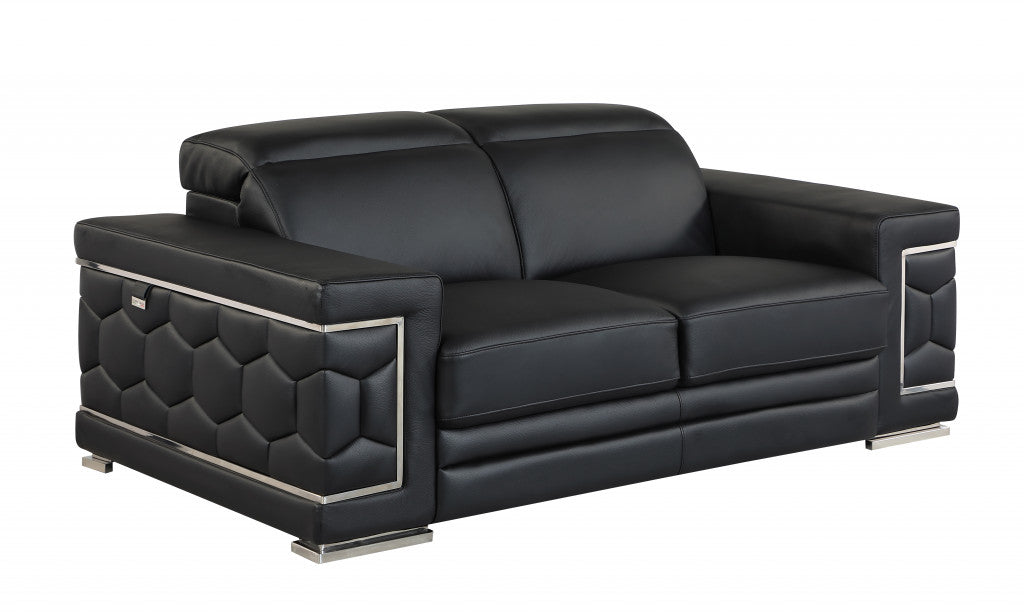 71" Black And Silver Genuine Leather Love Seat-Love Seats-DECOROLALA