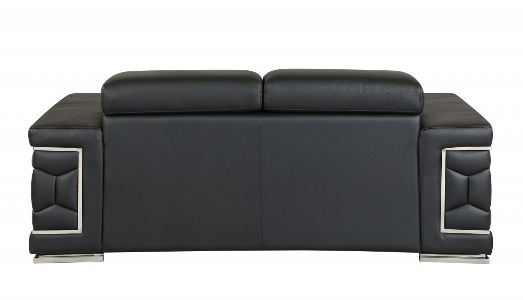 71" Black And Silver Genuine Leather Love Seat-Love Seats-DECOROLALA