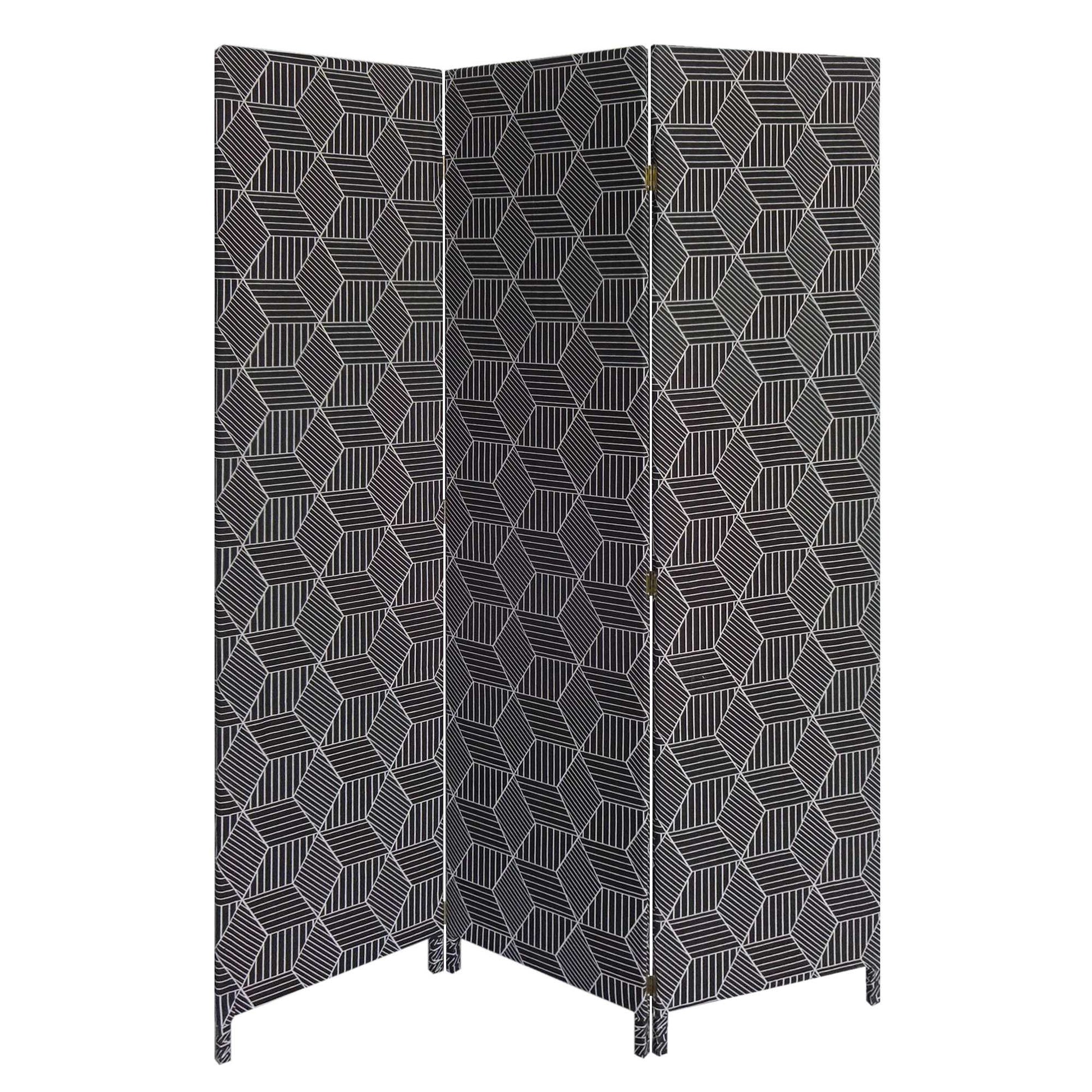 71" Black and White Fabric Folding Three Panel Screen Room Divider-Room Dividers-DECOROLALA