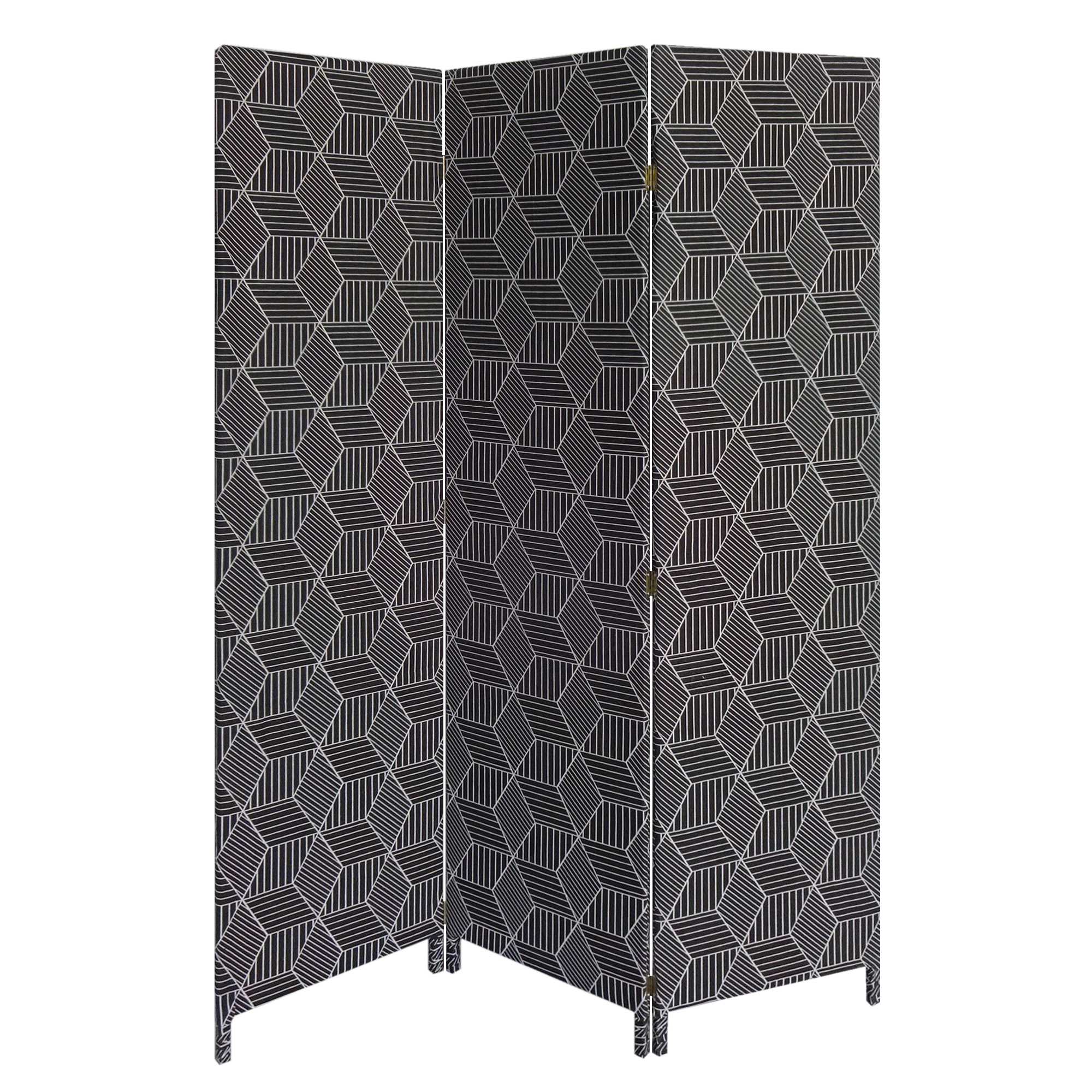 71" Black and White Fabric Folding Three Panel Screen Room Divider-Room Dividers-DECOROLALA