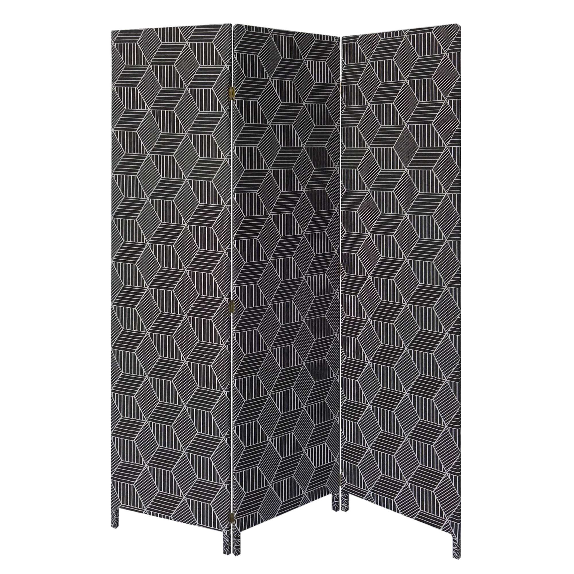 71" Black and White Fabric Folding Three Panel Screen Room Divider-Room Dividers-DECOROLALA