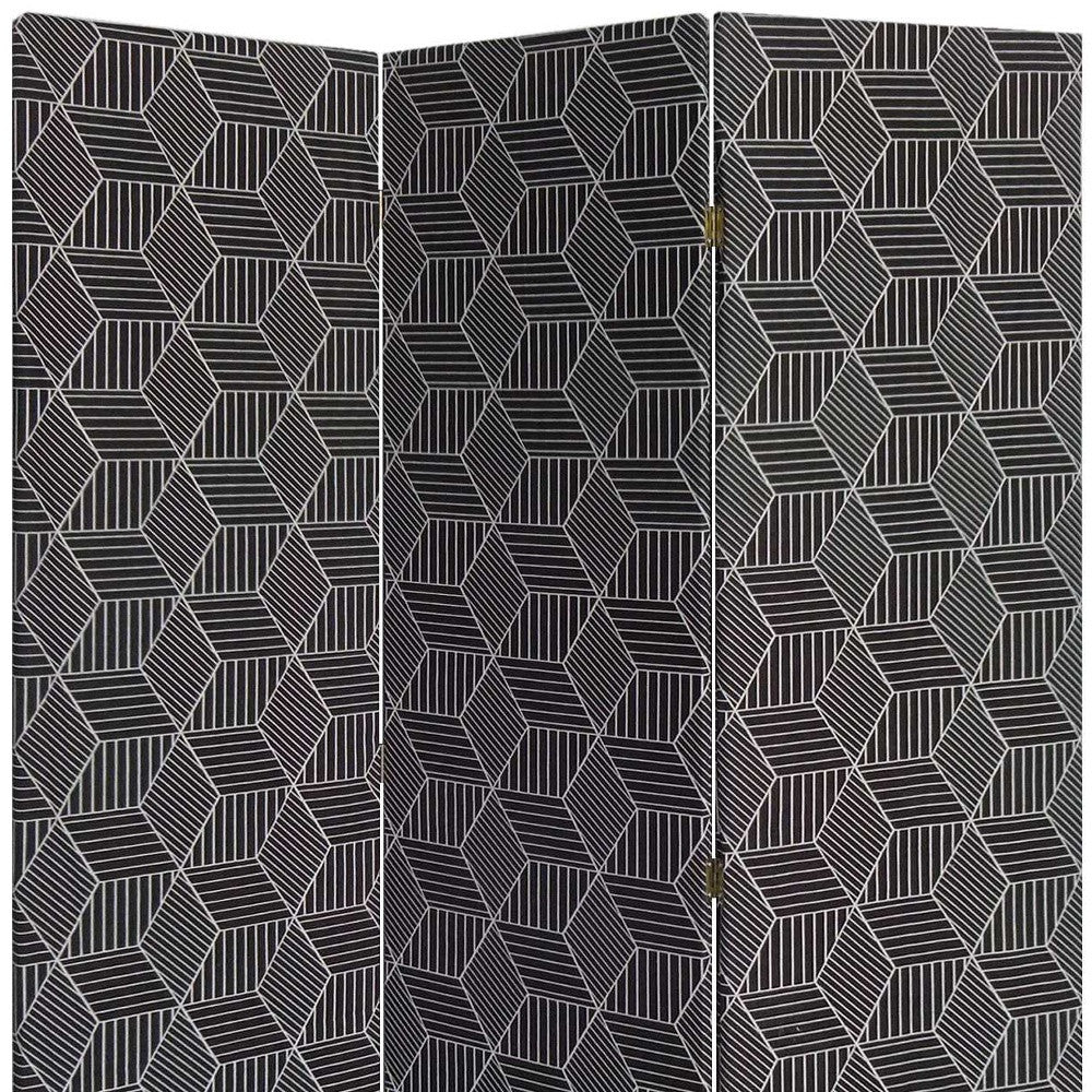 71" Black and White Fabric Folding Three Panel Screen Room Divider-Room Dividers-DECOROLALA