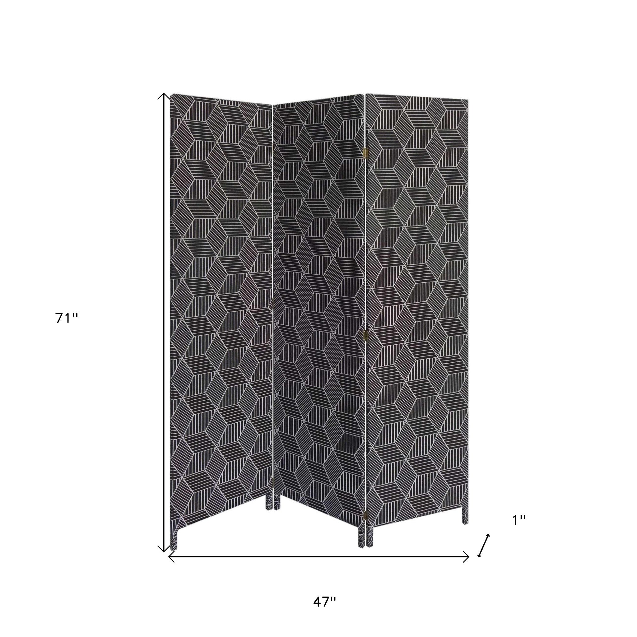 71" Black and White Fabric Folding Three Panel Screen Room Divider-Room Dividers-DECOROLALA