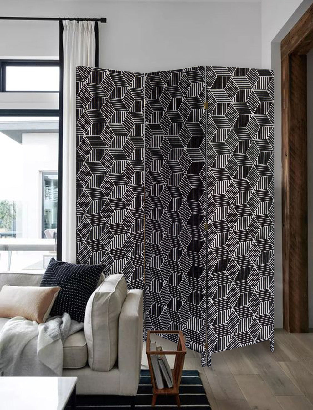 71" Black and White Fabric Folding Three Panel Screen Room Divider-Room Dividers-DECOROLALA