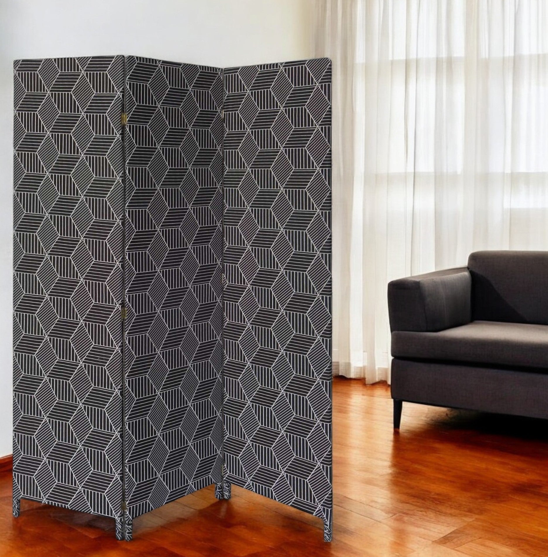 71" Black and White Fabric Folding Three Panel Screen Room Divider-Room Dividers-DECOROLALA