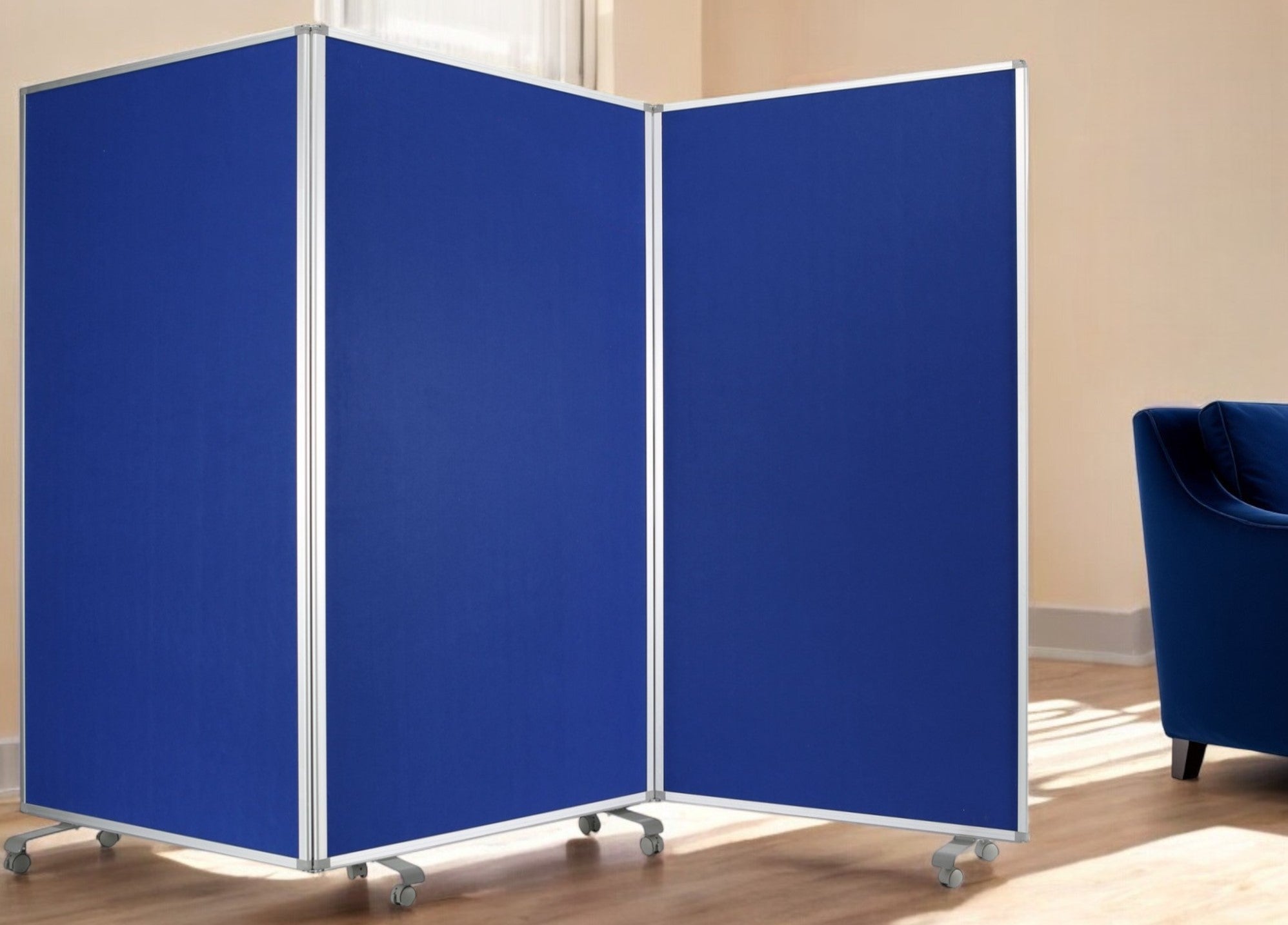 71" Blue Iron Folding Three Panel Screen Room Divider-Room Dividers-DECOROLALA