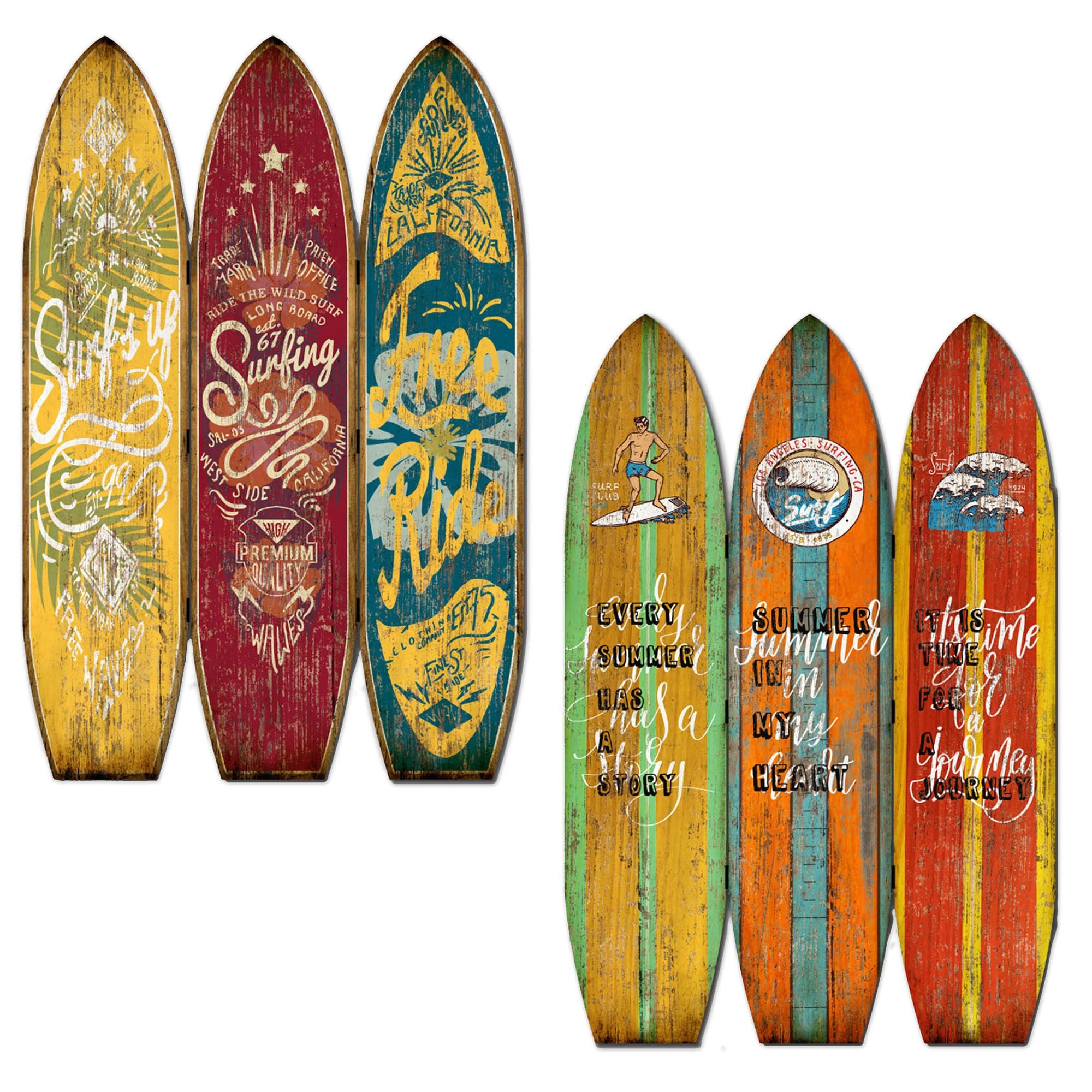 71" Blue Red and Yellow Solid Wood Folding Three Panel Screen Room Divider-Room Dividers-DECOROLALA