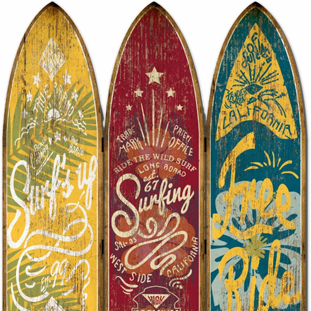 71" Blue Red and Yellow Solid Wood Folding Three Panel Screen Room Divider-Room Dividers-DECOROLALA