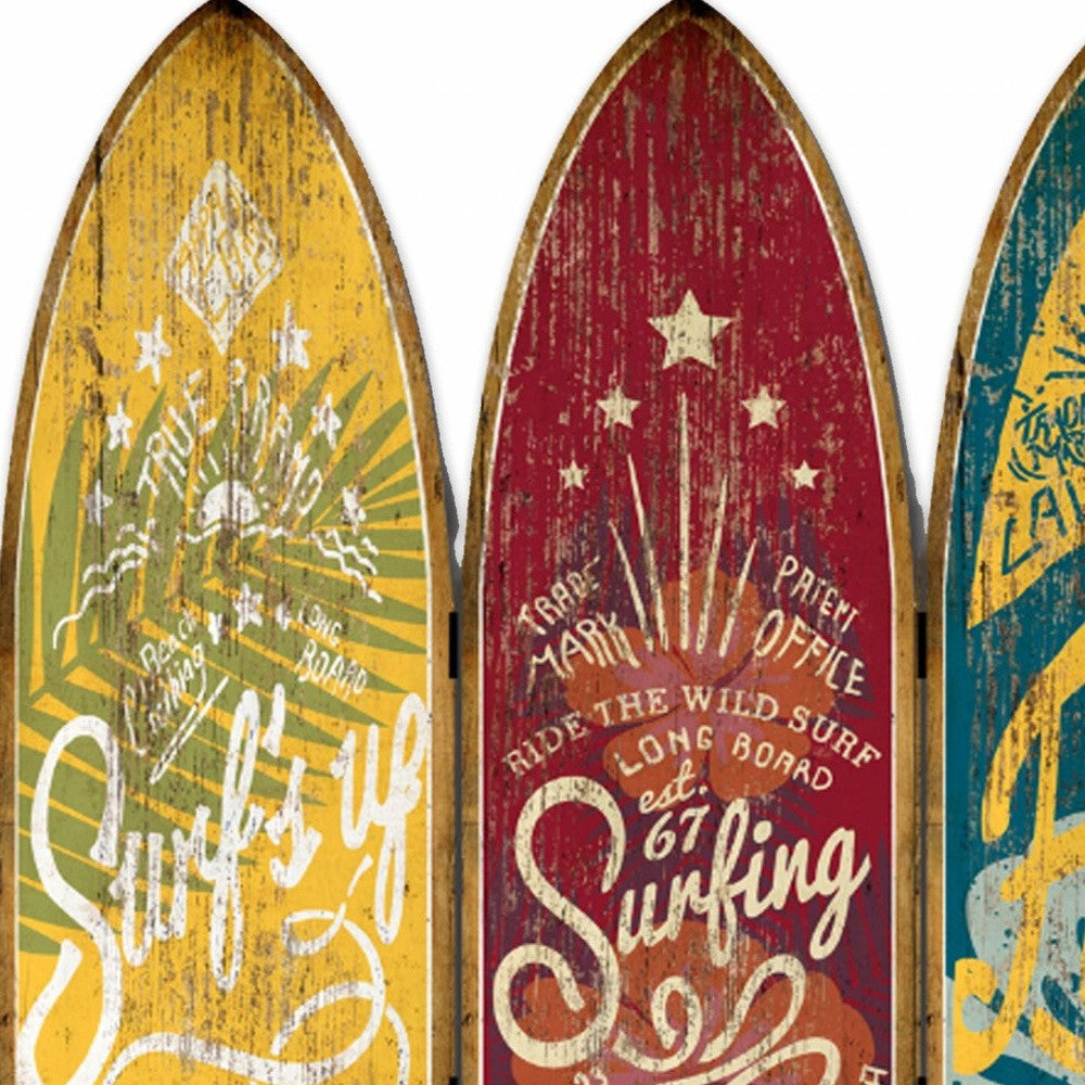 71" Blue Red and Yellow Solid Wood Folding Three Panel Screen Room Divider-Room Dividers-DECOROLALA