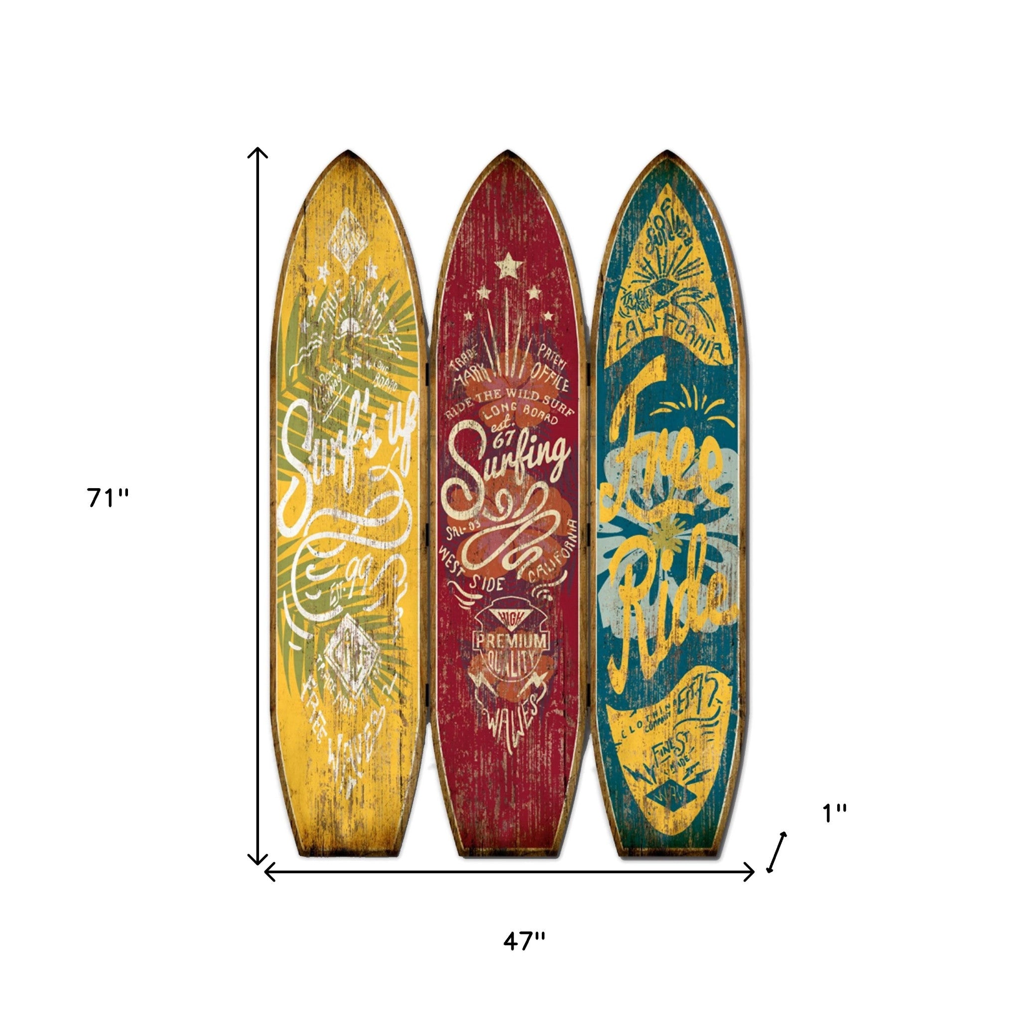 71" Blue Red and Yellow Solid Wood Folding Three Panel Screen Room Divider-Room Dividers-DECOROLALA