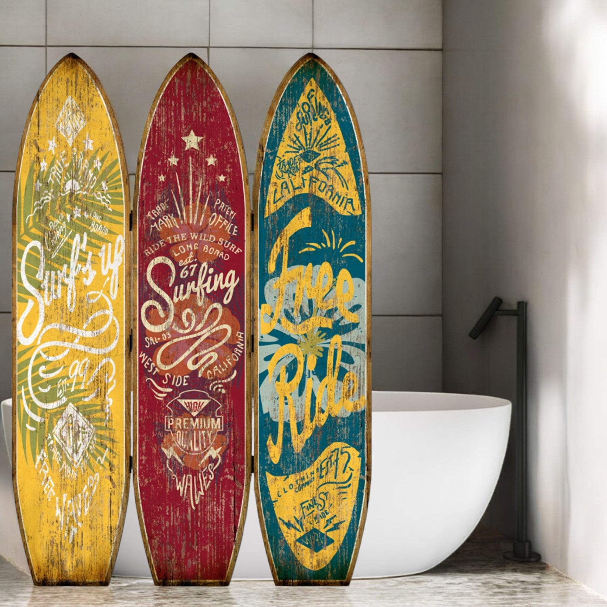 71" Blue Red and Yellow Solid Wood Folding Three Panel Screen Room Divider-Room Dividers-DECOROLALA