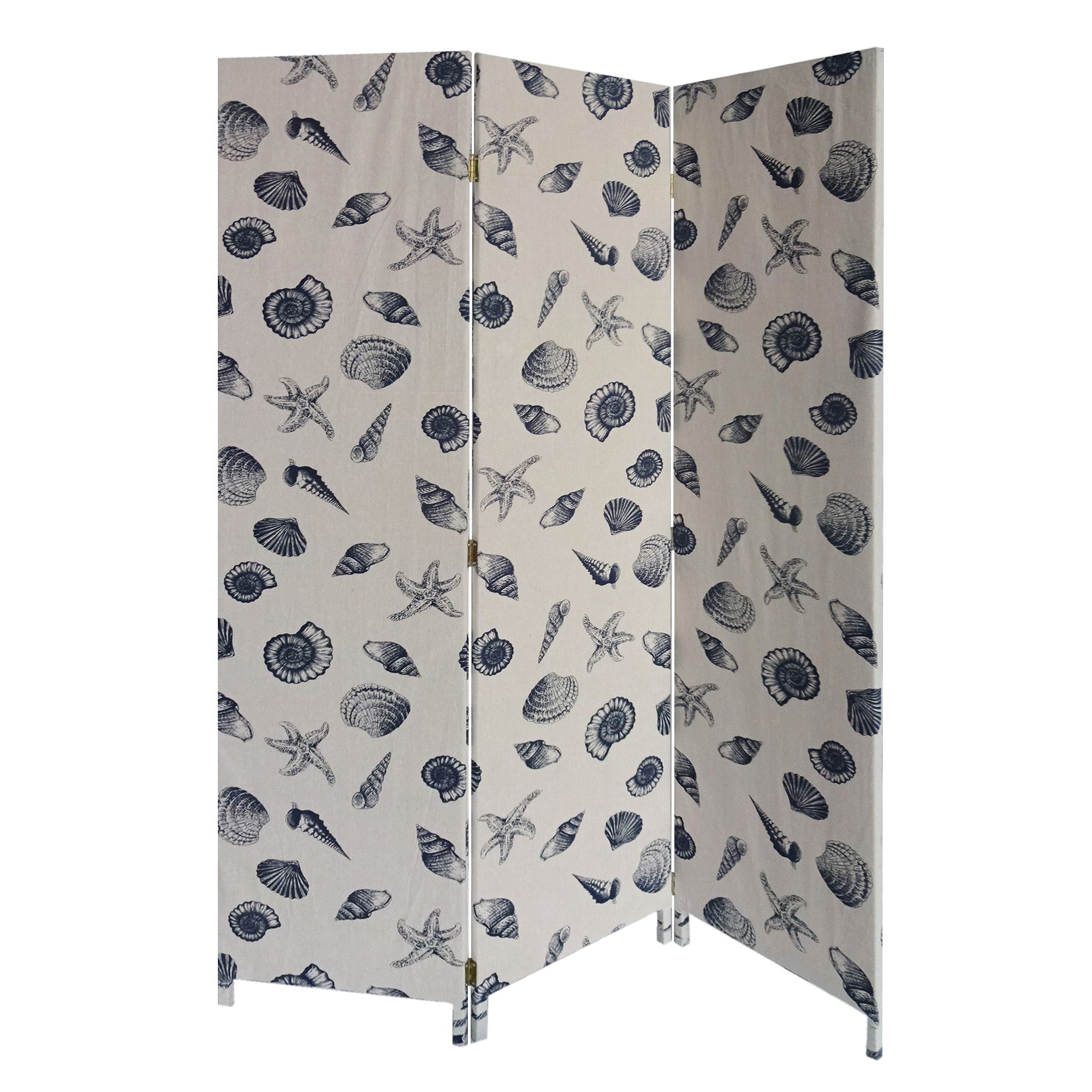 71" Blue and Beige Fabric Folding Three Panel Screen Room Divider-Room Dividers-DECOROLALA