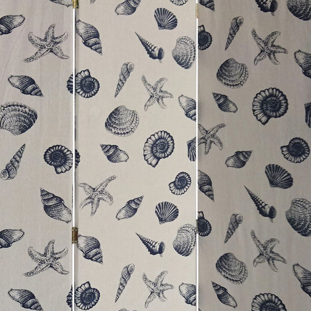 71" Blue and Beige Fabric Folding Three Panel Screen Room Divider-Room Dividers-DECOROLALA