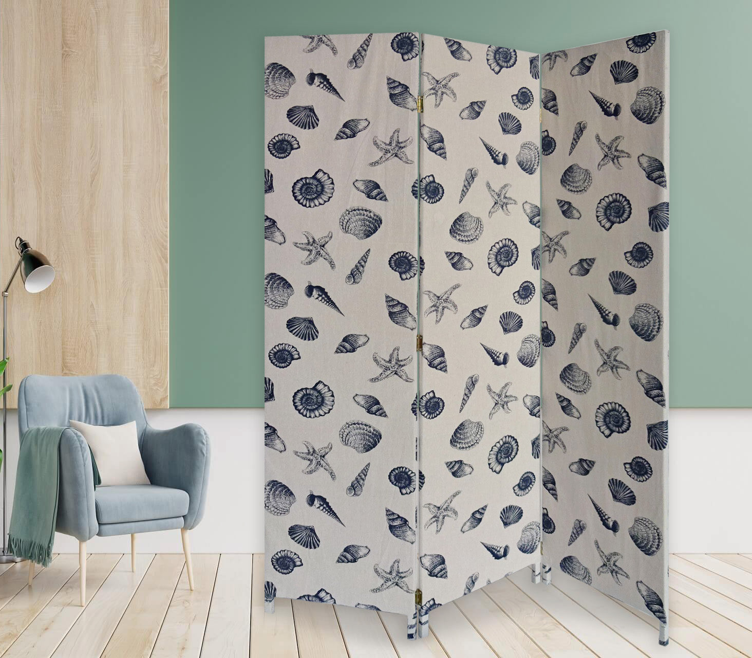 71" Blue and Beige Fabric Folding Three Panel Screen Room Divider-Room Dividers-DECOROLALA