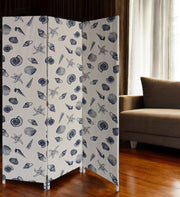 71" Blue and Beige Fabric Folding Three Panel Screen Room Divider-Room Dividers-DECOROLALA