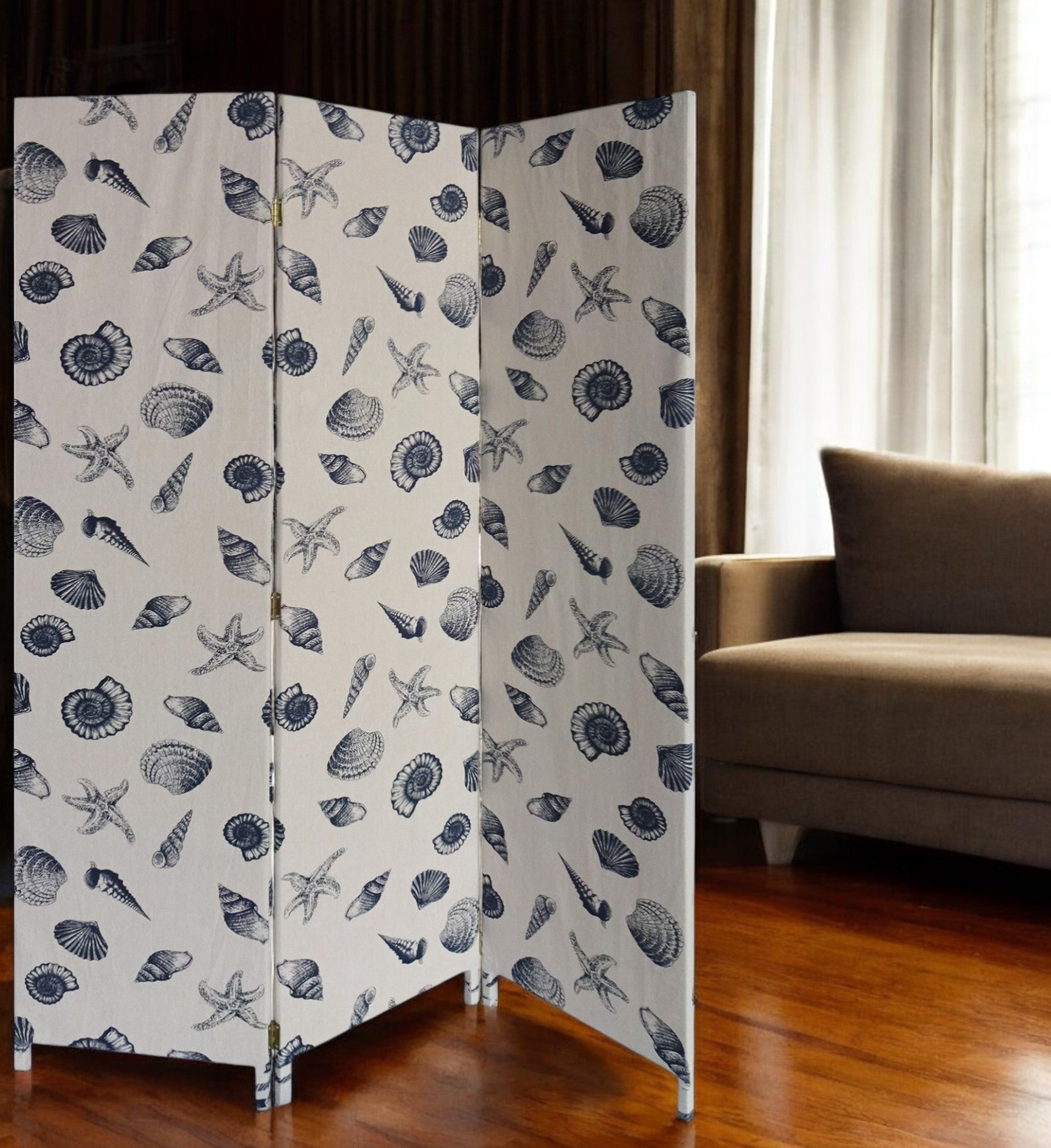 71" Blue and Beige Fabric Folding Three Panel Screen Room Divider-Room Dividers-DECOROLALA