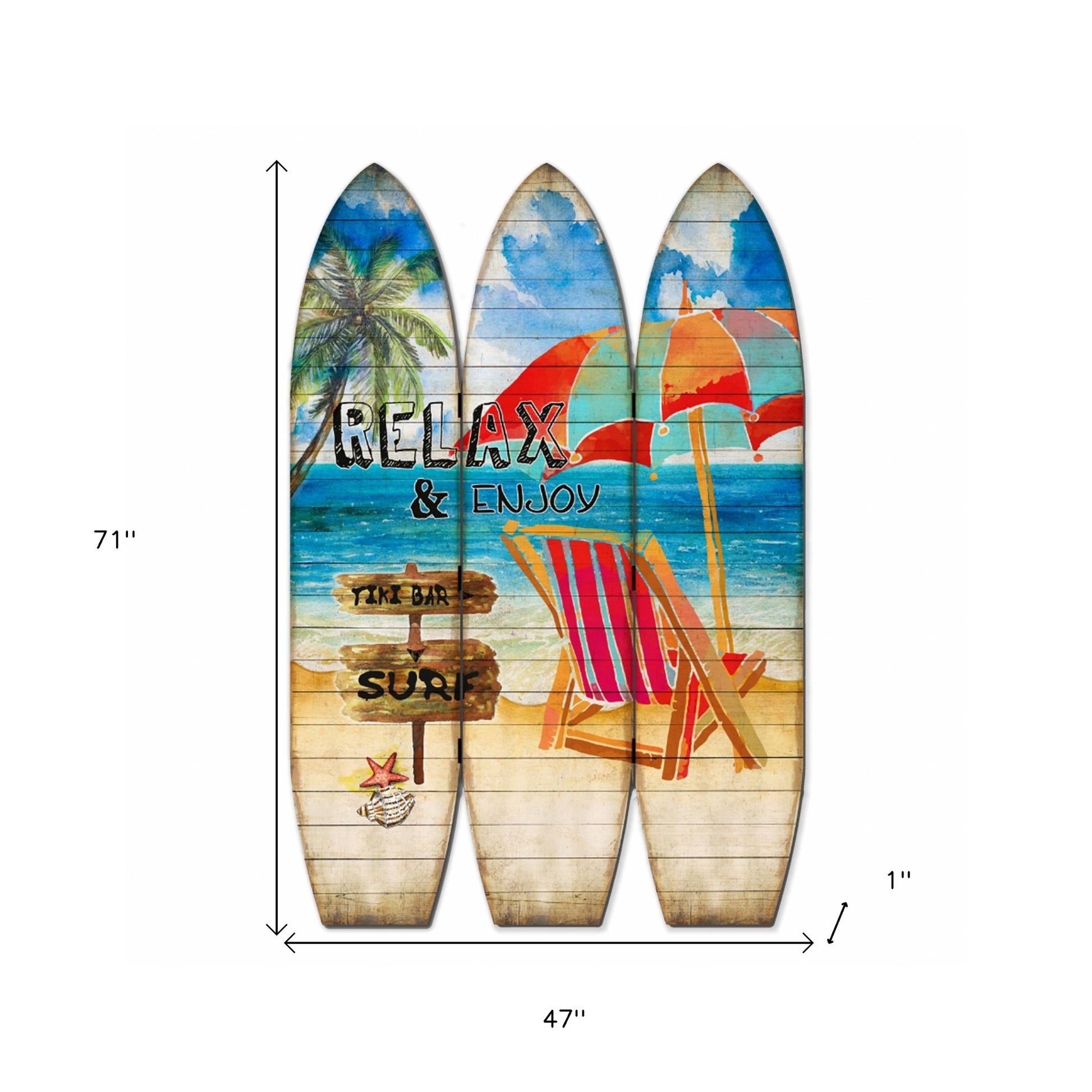 71" Blue and Beige Solid Wood Folding Three Panel Screen Room Divider-Room Dividers-DECOROLALA