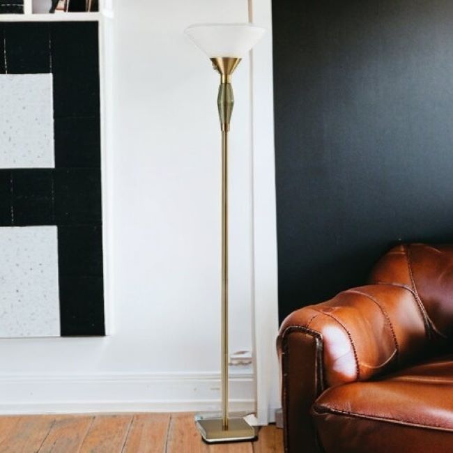 71" Brass Light Changing Torchiere Floor Lamp With White Fabric Cone Shade-Floor Lamps-DECOROLALA