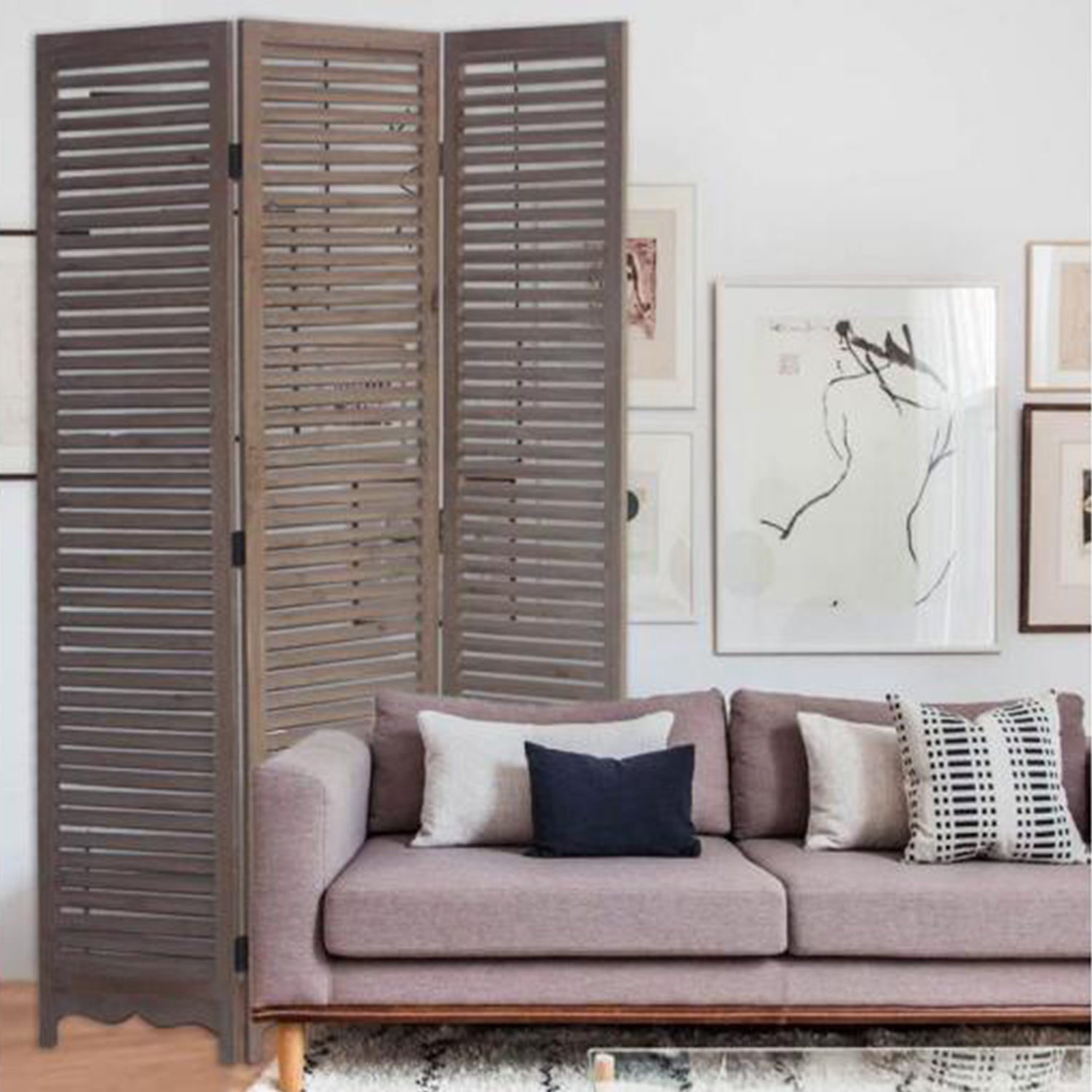 71" Brown Folding Three Panel Screen Room Divider-Room Dividers-DECOROLALA