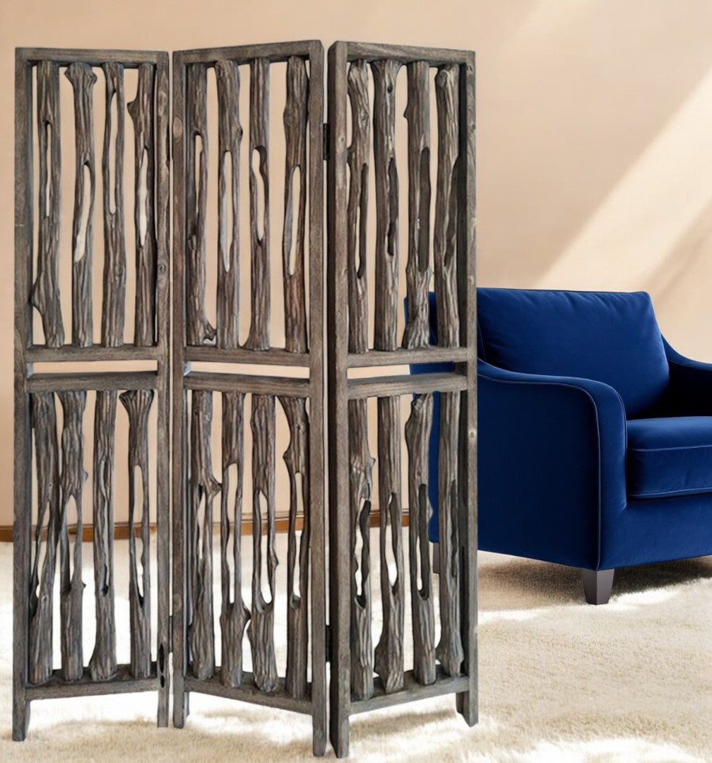 71" Brown Folding Three Panel Screen Room Divider-Room Dividers-DECOROLALA