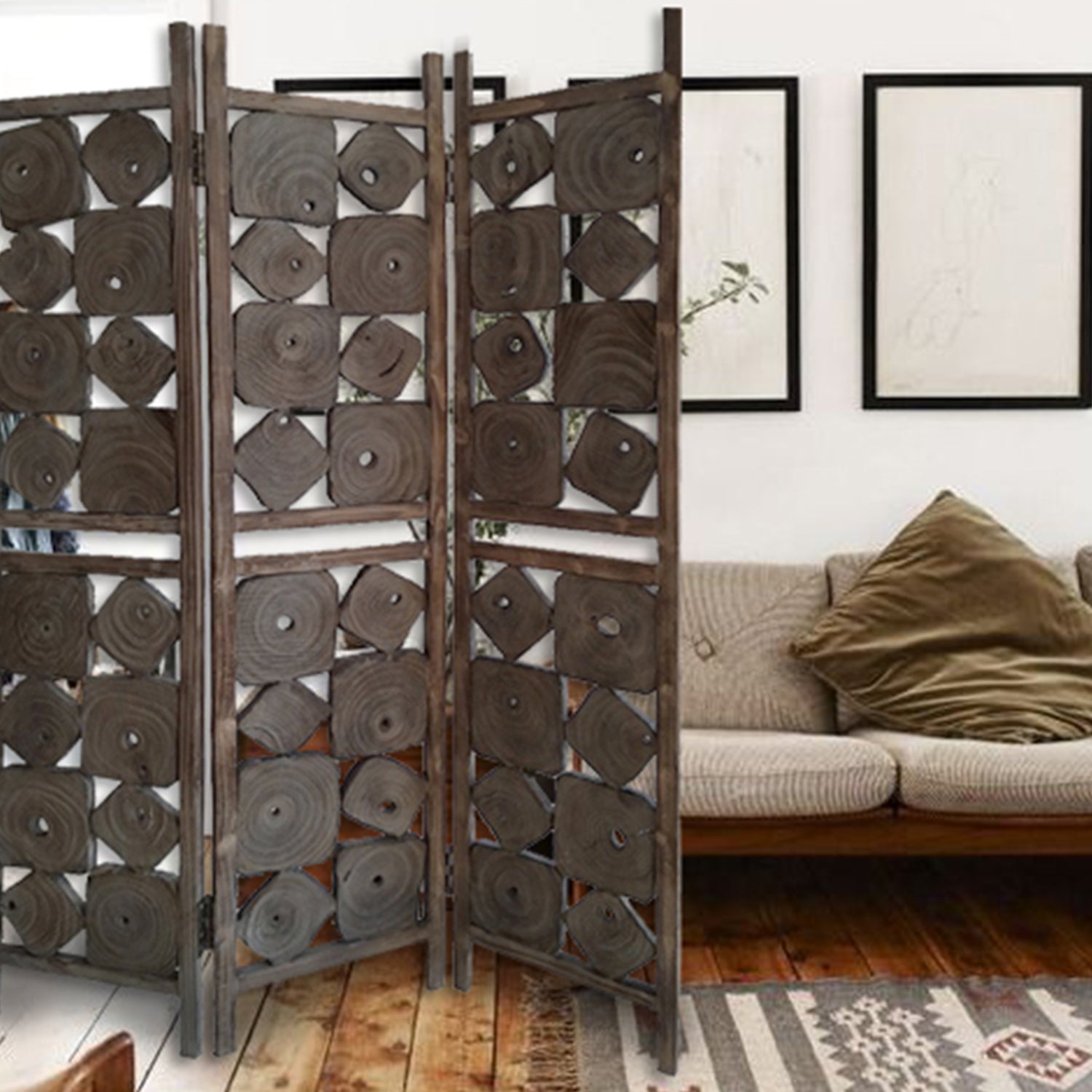 71" Brown Solid Wood Folding Three Panel Screen Room Divider-Room Dividers-DECOROLALA