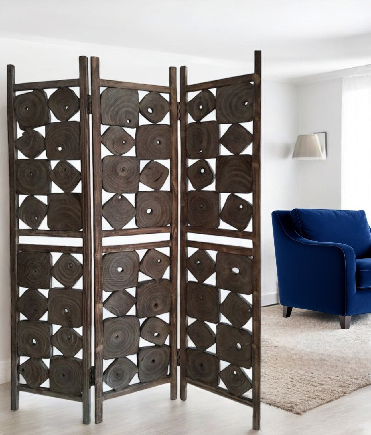 71" Brown Solid Wood Folding Three Panel Screen Room Divider-Room Dividers-DECOROLALA