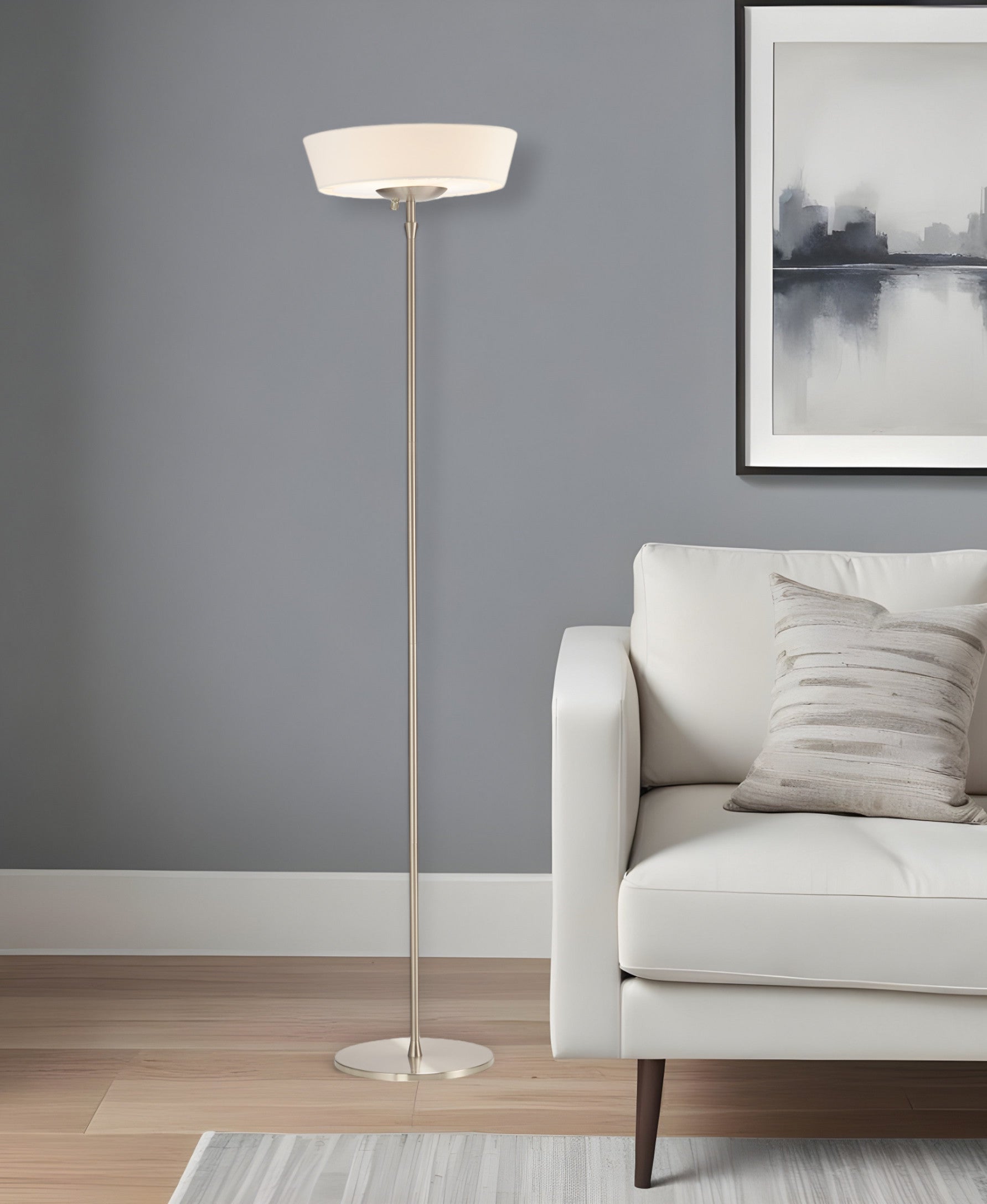 71" Brushed Led Torchiere Floor Lamp With White Empire Shade-Floor Lamps-DECOROLALA