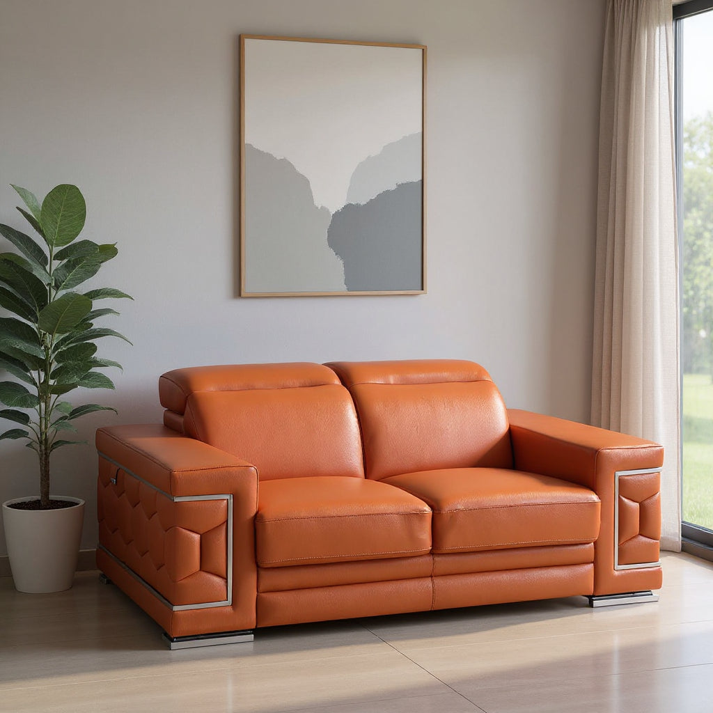 71" Camel And Silver Genuine Leather Love Seat-Love Seats-DECOROLALA