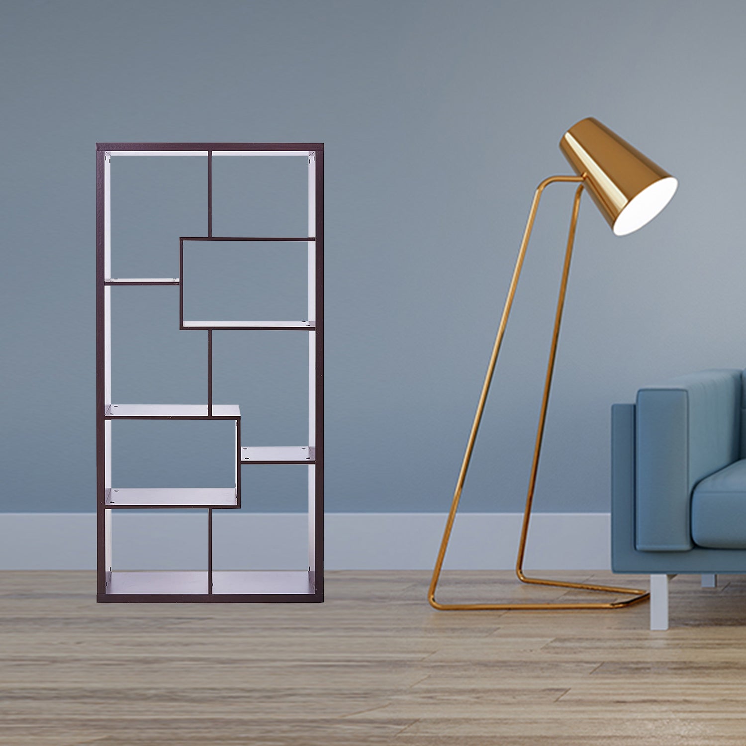 71" Cappuccino Wood Seven Tier Geometric Bookcase-Bookcases-DECOROLALA