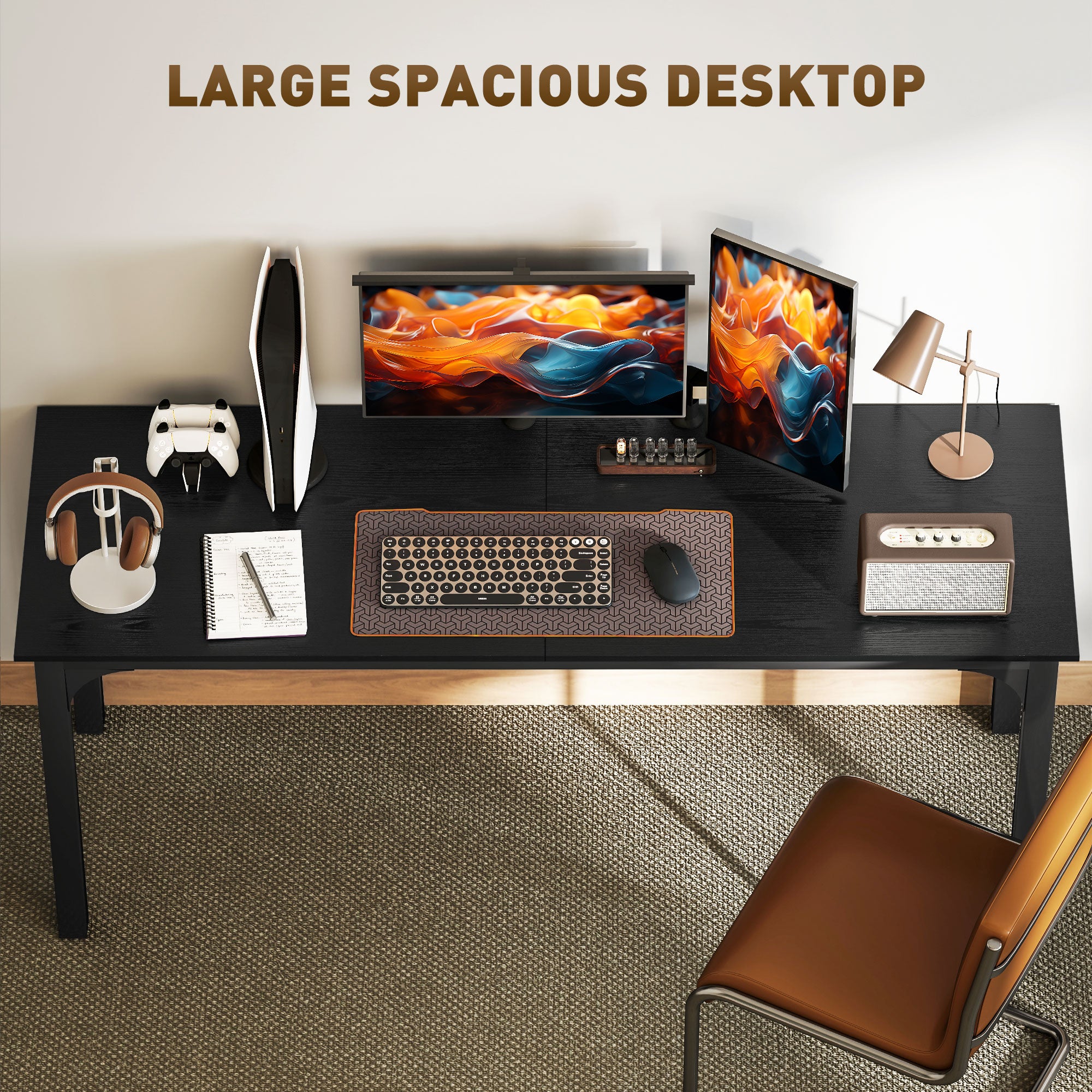 71" Computer Desk, Desktop Desk with Metal Legs, Distressed Black-Office Products > Office Furniture > Office Desks & Work Stations > Computer Desks-DECOROLALA