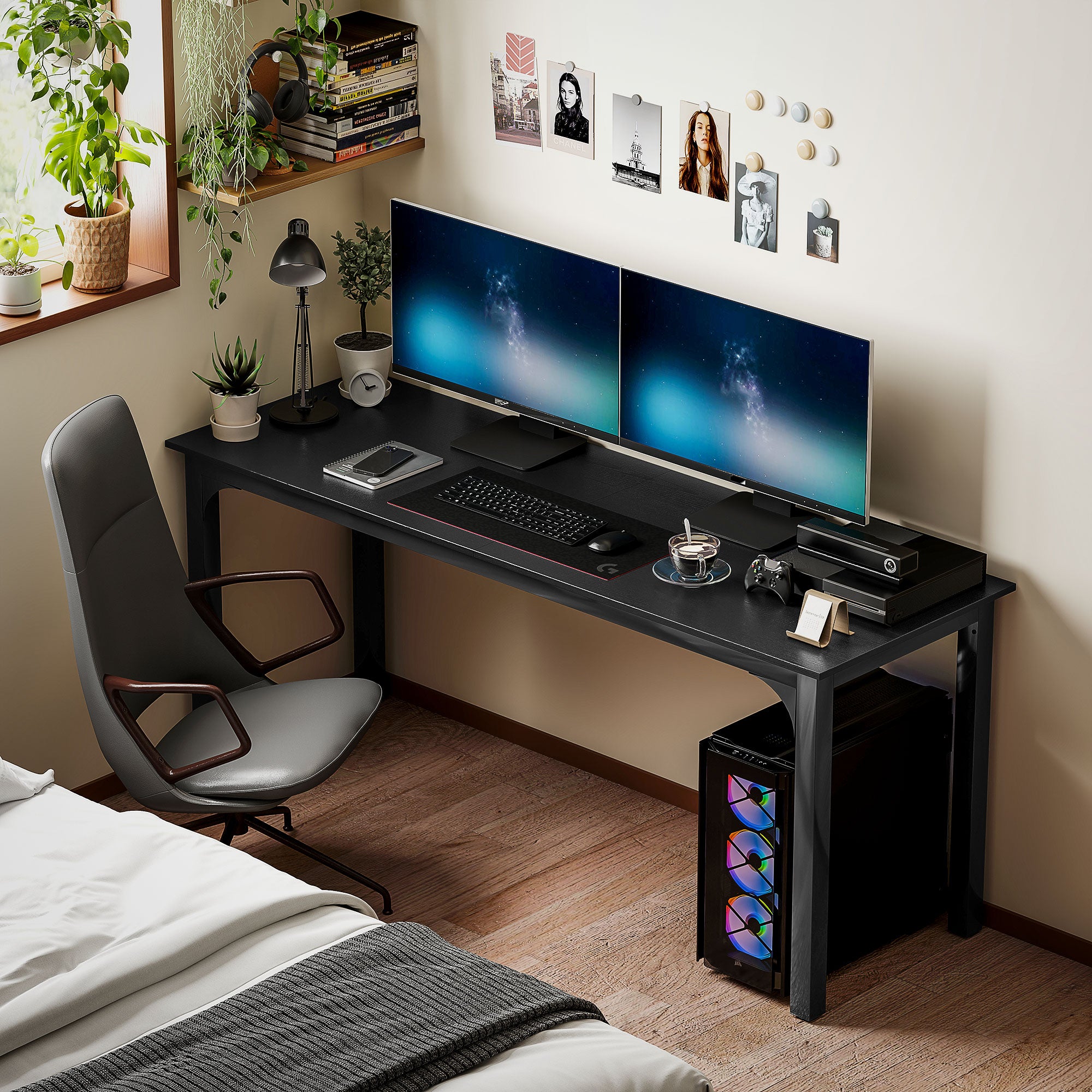 71" Computer Desk, Desktop Desk with Metal Legs, Distressed Black-Office Products > Office Furniture > Office Desks & Work Stations > Computer Desks-DECOROLALA