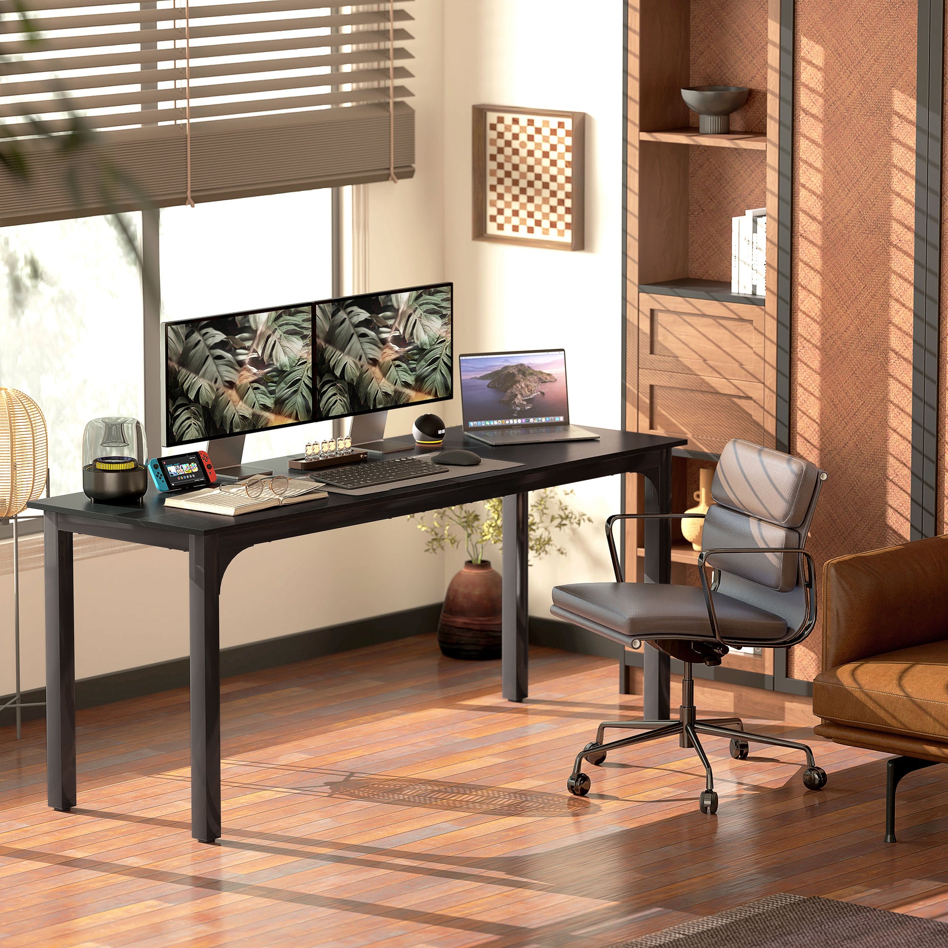 71" Computer Desk, Desktop Desk with Metal Legs, Distressed Black-Office Products > Office Furniture > Office Desks & Work Stations > Computer Desks-DECOROLALA