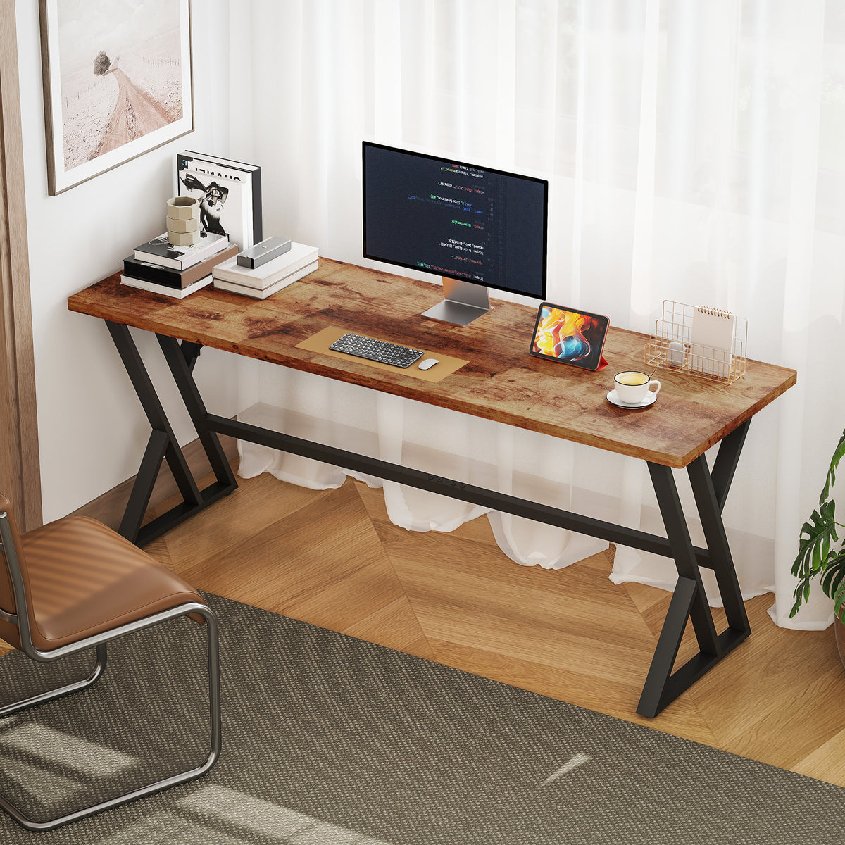 71" Computer Desk - Industrial Writing Table Rustic Brown-Office Products > Office Furniture > Office Desks & Work Stations > Writing Desks-DECOROLALA
