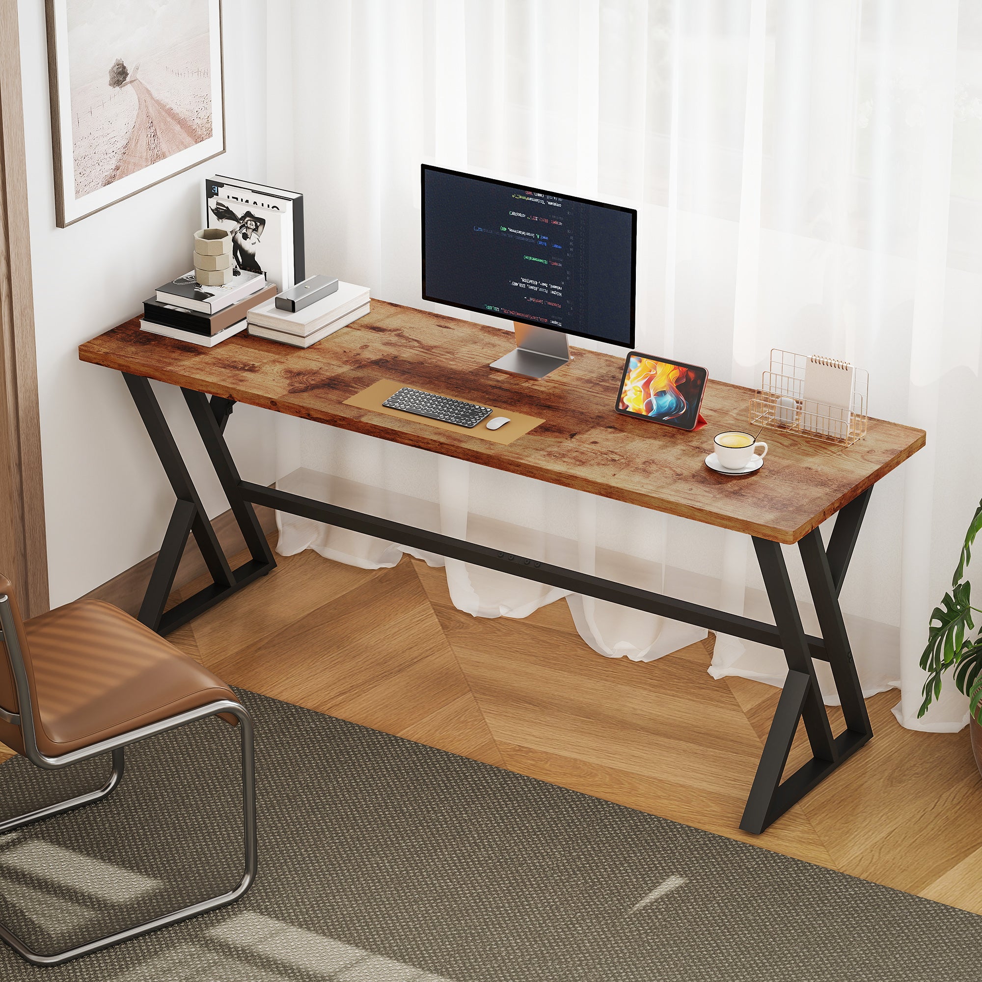 71" Computer Desk, Industrial Writing Table with X-Shaped Frame for Home Office, Rustic Brown-Office Products > Office Furniture > Office Desks & Work Stations > Writing Desks-DECOROLALA