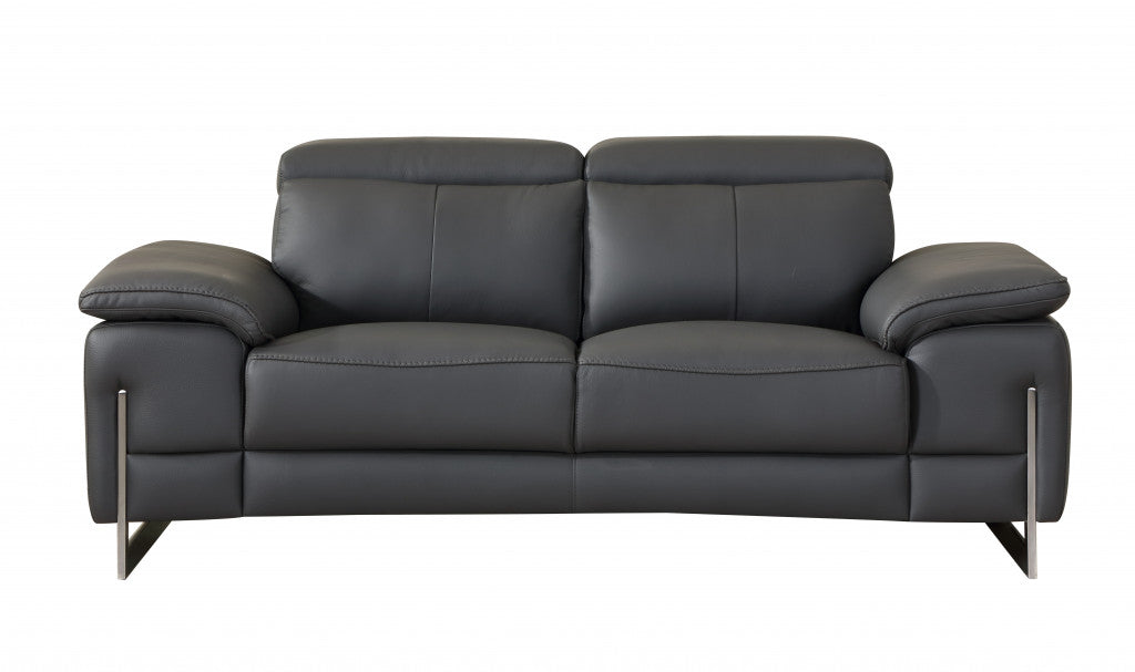 71" Dark Gray And Silver Genuine Leather Loveseat-Love Seats-DECOROLALA