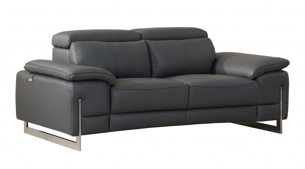 71" Dark Gray And Silver Genuine Leather Loveseat-Love Seats-DECOROLALA
