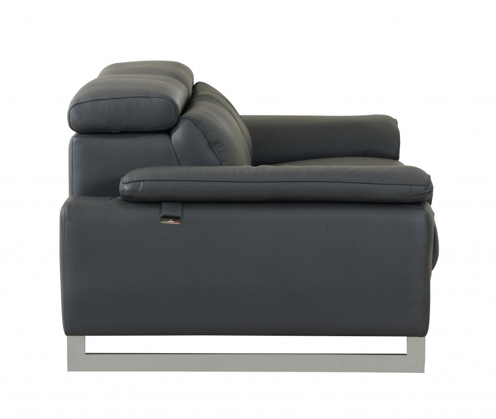 71" Dark Gray And Silver Genuine Leather Loveseat-Love Seats-DECOROLALA