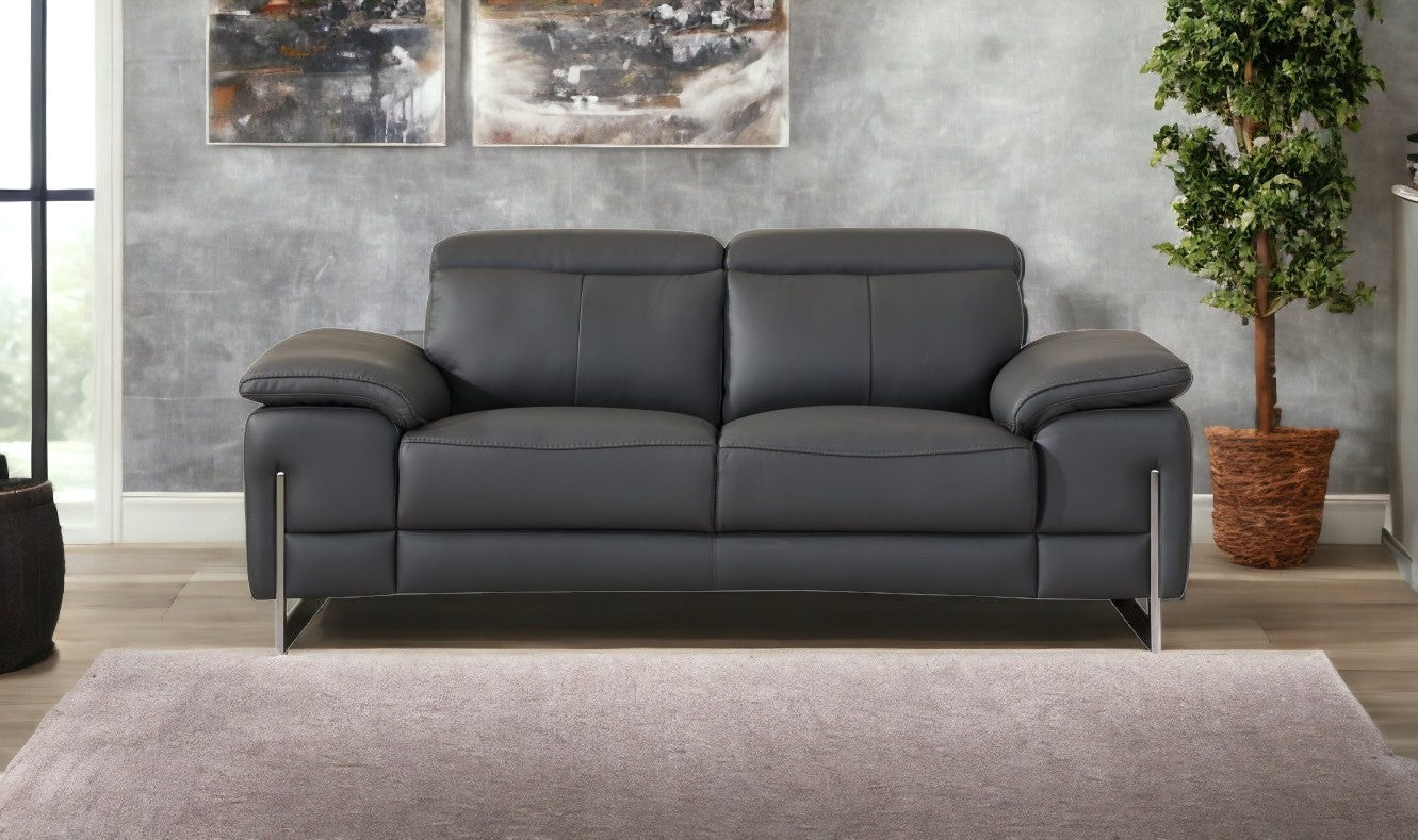 71" Dark Gray And Silver Genuine Leather Loveseat-Love Seats-DECOROLALA